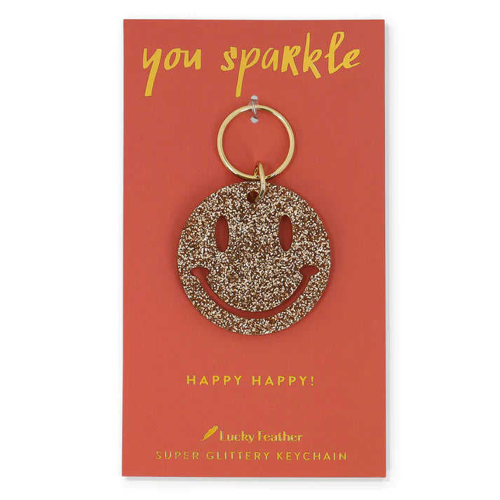 Sparkly Smiley Face Keychain - Cute & Durable Glitter Keyring for Women, Girls, Teens - Perfect for Backpacks, Purses, Luggage & Gift Giving