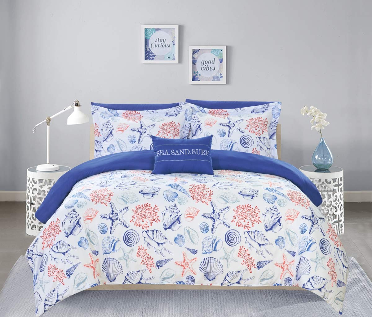 Chic Home Marcin 8-Piece Reversible Comforter Set - Sea, Sand & Surf Theme Print Design | Queen Size Bed in a Bag with Sheet Set, Pillowcases & Decorative Shams | Blue, Coral & White | Perfect for Beach-Themed Bedrooms & Coastal Decor