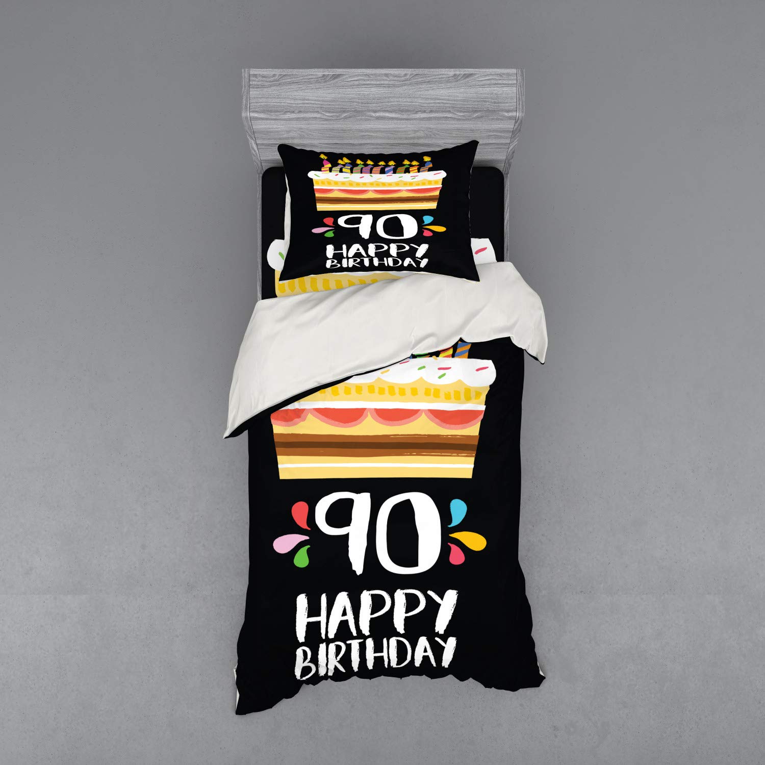 Ambesonne 90th Birthday Duvet Cover Set - Colorful Party Design with Cake & Candles on Black Background - 3 Piece Twin Size Bedding Set with Sham & Fitted Sheet - Perfect for Birthday Celebrations, Guest Rooms & Themed Bedroom Decor