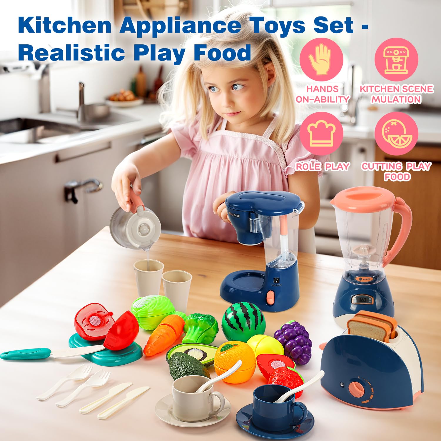 TOY Life Kids Blender Toy Set - Pretend Play Kitchen Appliances with Light & Sound, Coffee Maker & Toaster Toys for Toddlers - Learning Kitchen Toys Gift for Girls & Boys - Perfect for Role Play & Early Childhood Development