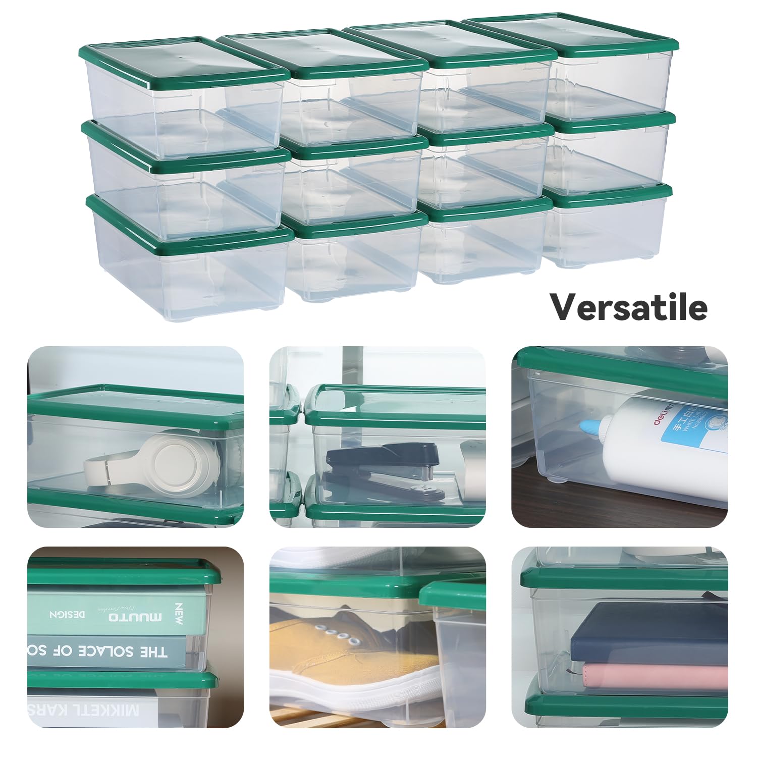Stackable Clear Plastic Storage Bins with Lids - 12 Pack 6 Quart Organizer Containers, Latching Storage Box for Home, Office & Pantry Organization (Green) - Perfect for Closet, Kitchen & Garage Storage