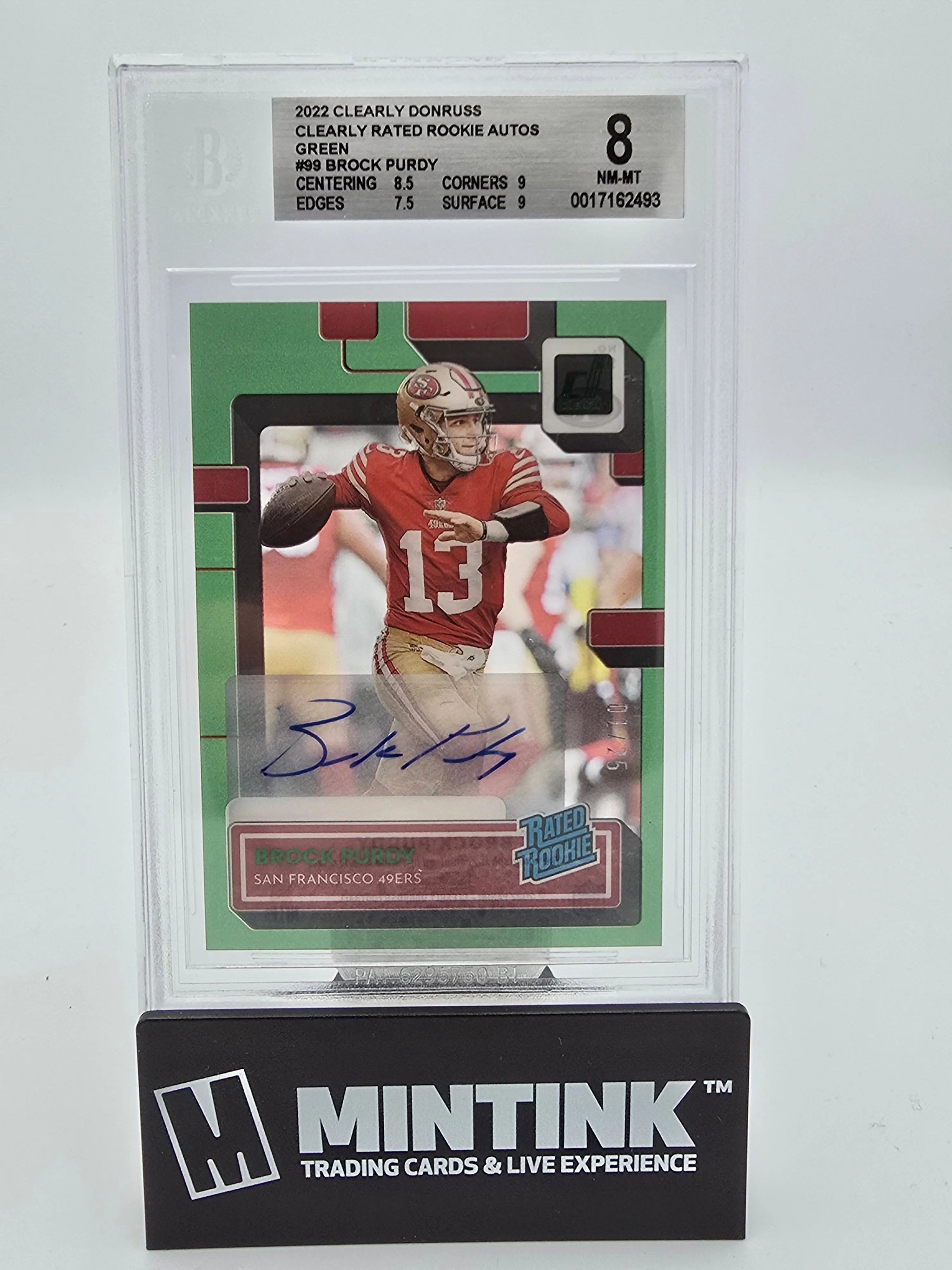 2022 Clearly Donruss Football Brock Purdy Rated Rookie Green Autograph Card BGS 8 Graded 01/25 - Perfect for NFL Collectors & Sports Memorabilia Enthusiasts