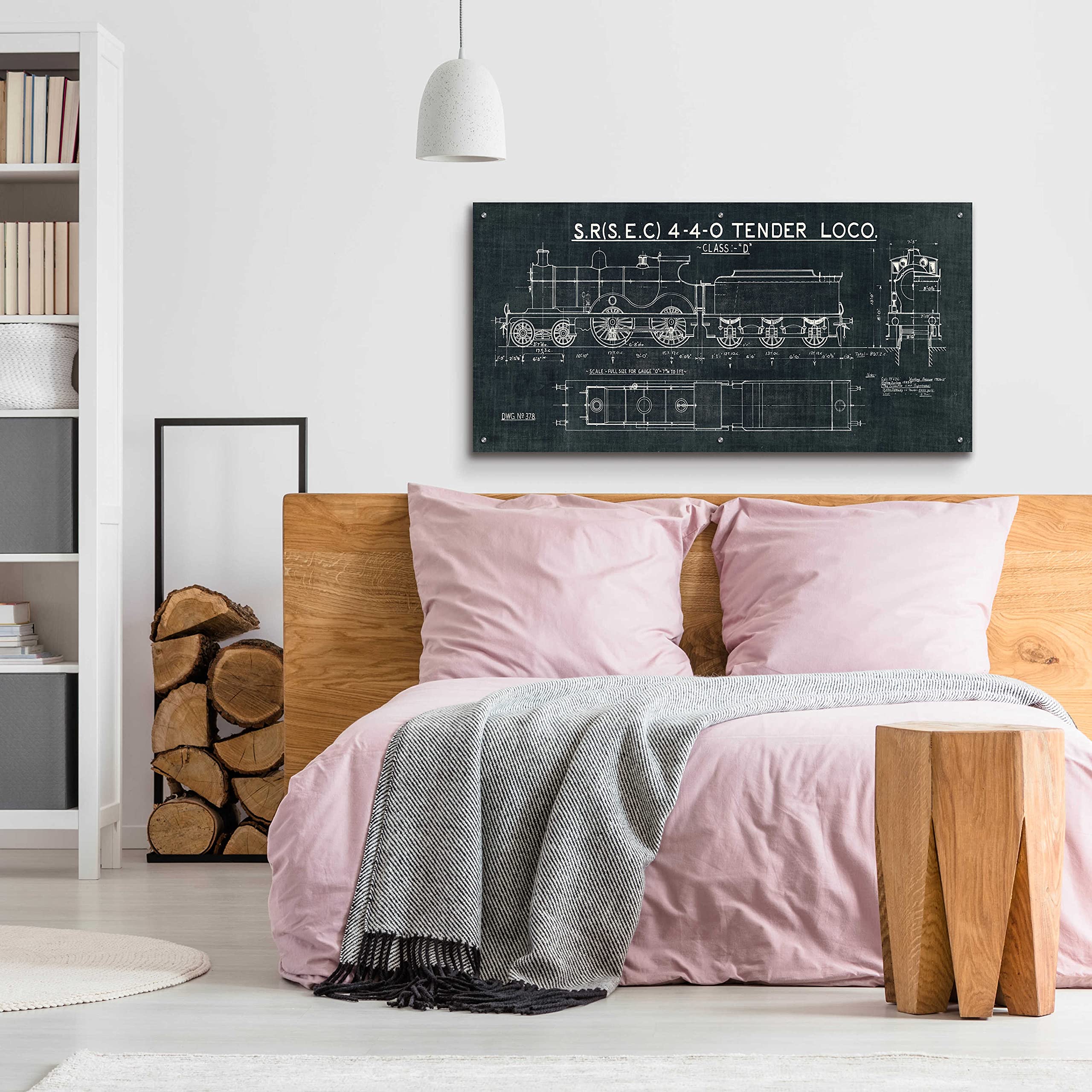 Wild Apple Portfolio 'Train Blueprint II' - 48x24 Inch Acrylic Glass Wall Art Decor | Modern Blueprint Train Painting for Living Room, Office & Industrial Style Spaces