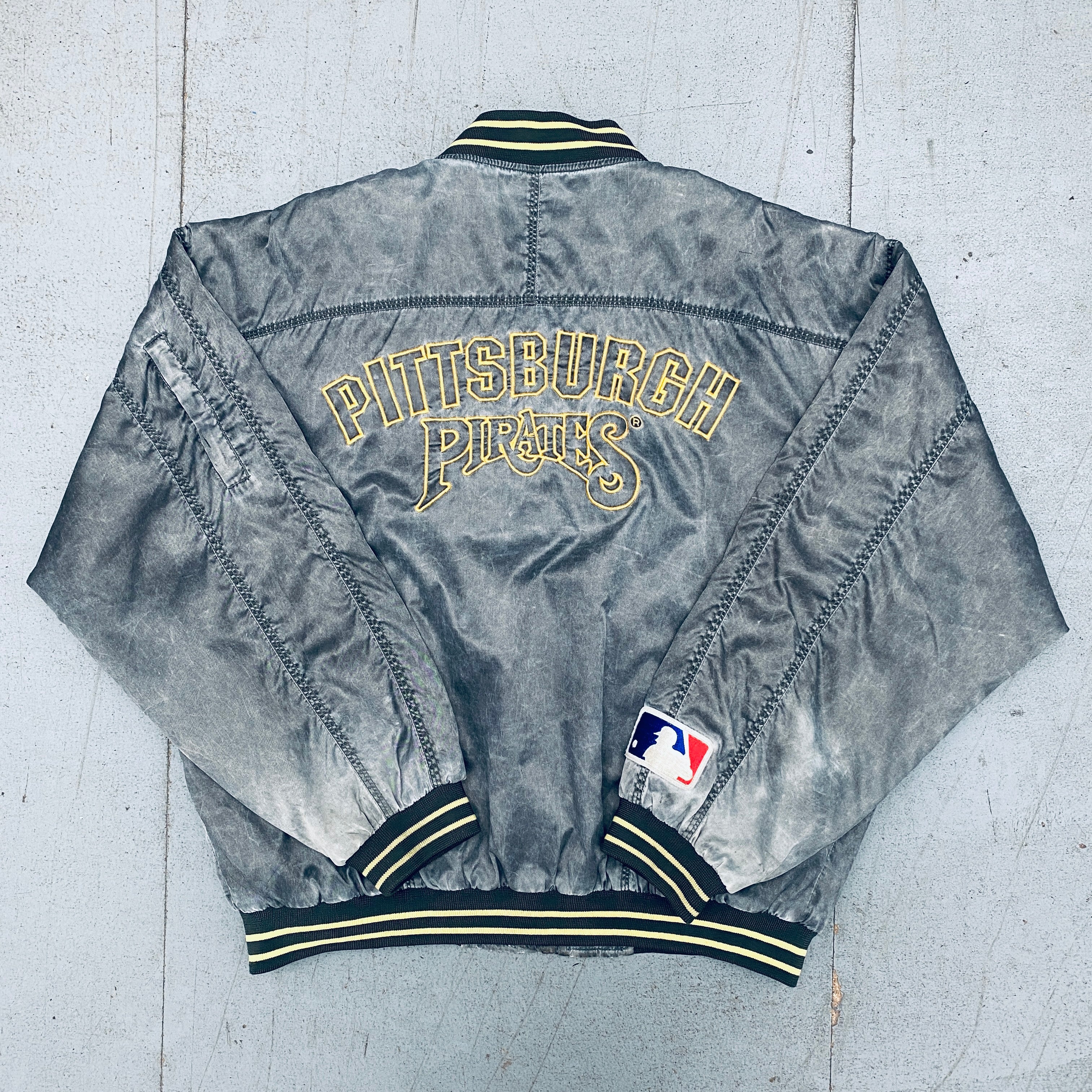 Pittsburgh Pirates 1990s Vintage Reverse Embroidered Spellout Stone Wash Full Zip Bomber Jacket - XL Size | Retro Baseball Fan Gift & Game Day Outfit