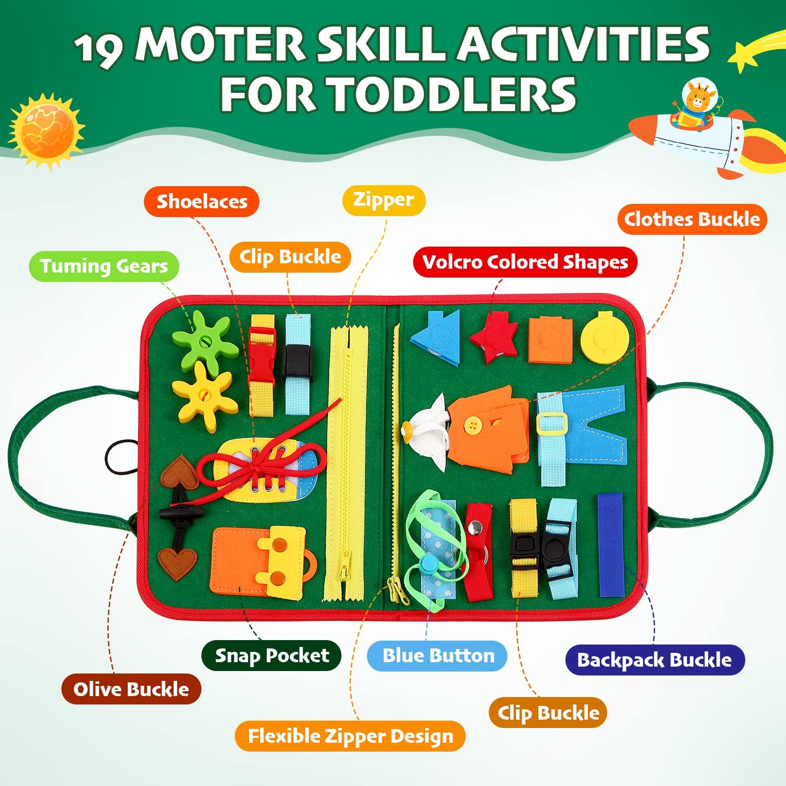 Montessori Busy Board for Toddlers 1-3 - Sensory Travel Toy & Learning Activity Gift for Boys/Girls - Perfect for Airplane & Car Rides