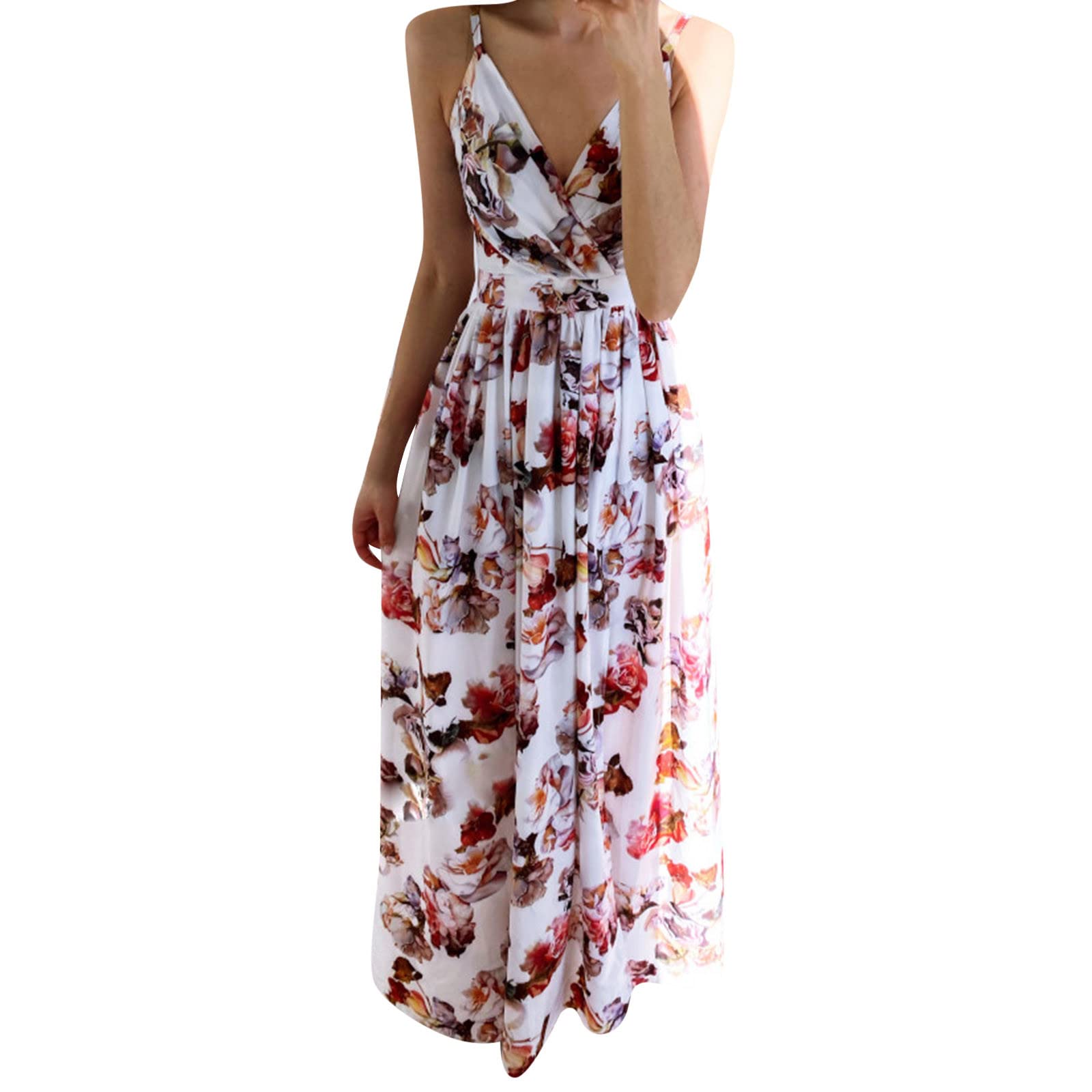 Elegant Floral Print Sleeveless V-Neck Slit Thigh Evening Dress for Women - Perfect for Cocktail Parties, Date Nights & Special Occasions