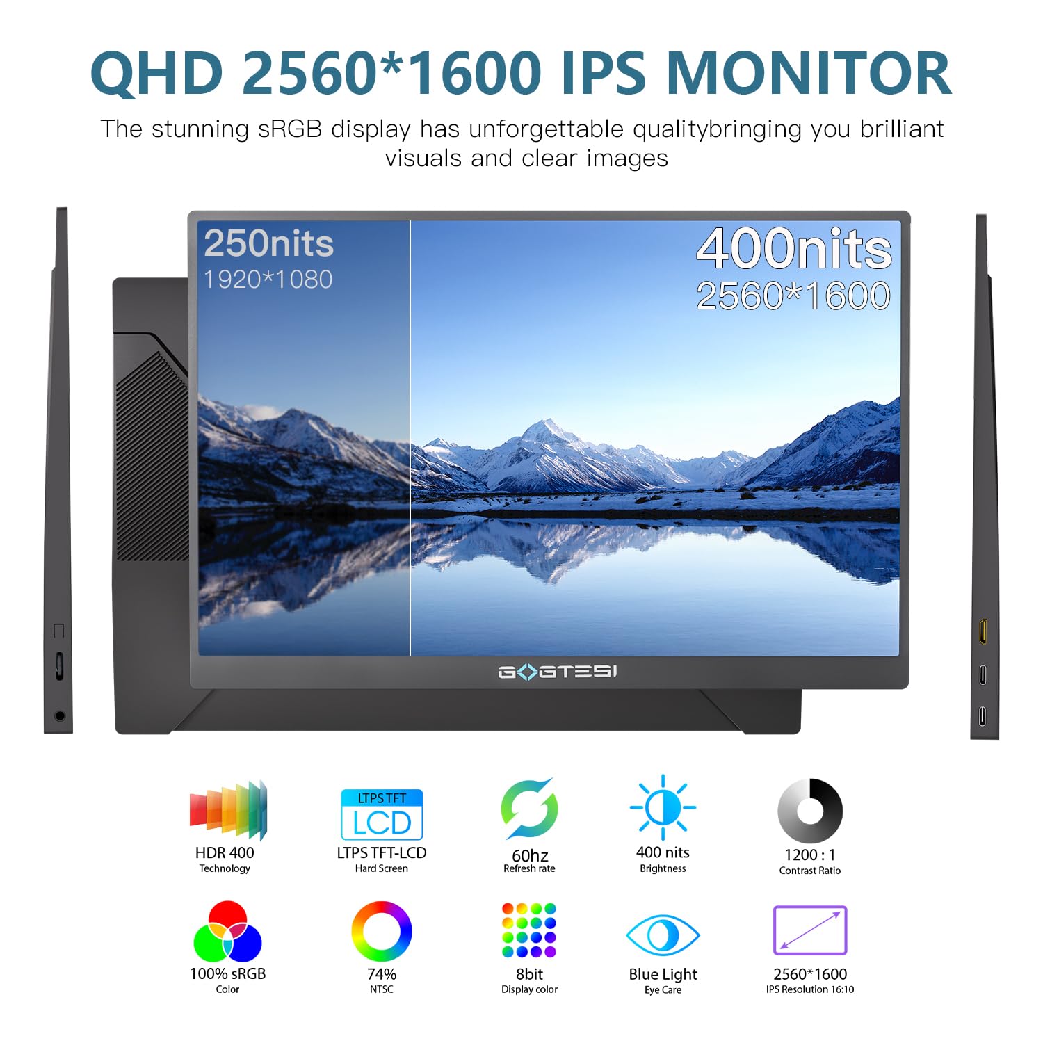 16 Inch Portable Monitor - 2.5K QHD 2560×1600 IPS Matte Screen, 60Hz Refresh Rate, Ultra Bright Eye Care Display with USB-C & HDMI for Laptop, PC, MAC, Phone, Nintendo Switch, PS5, Xbox - Perfect for Remote Work, Gaming & Travel