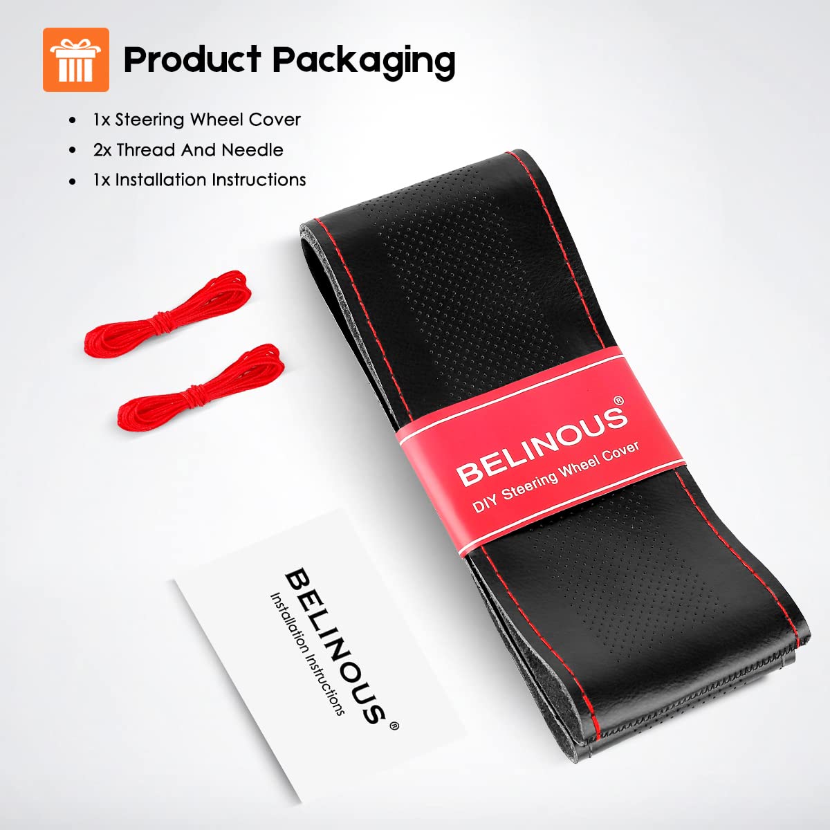 Premium BELINOUS Leather Car Steering Wheel Cover - Stitch On Wrap (Size M4, Black & Red) for Enhanced Grip & Comfort - Perfect for Daily Commute, Road Trips & Luxury Car Interiors