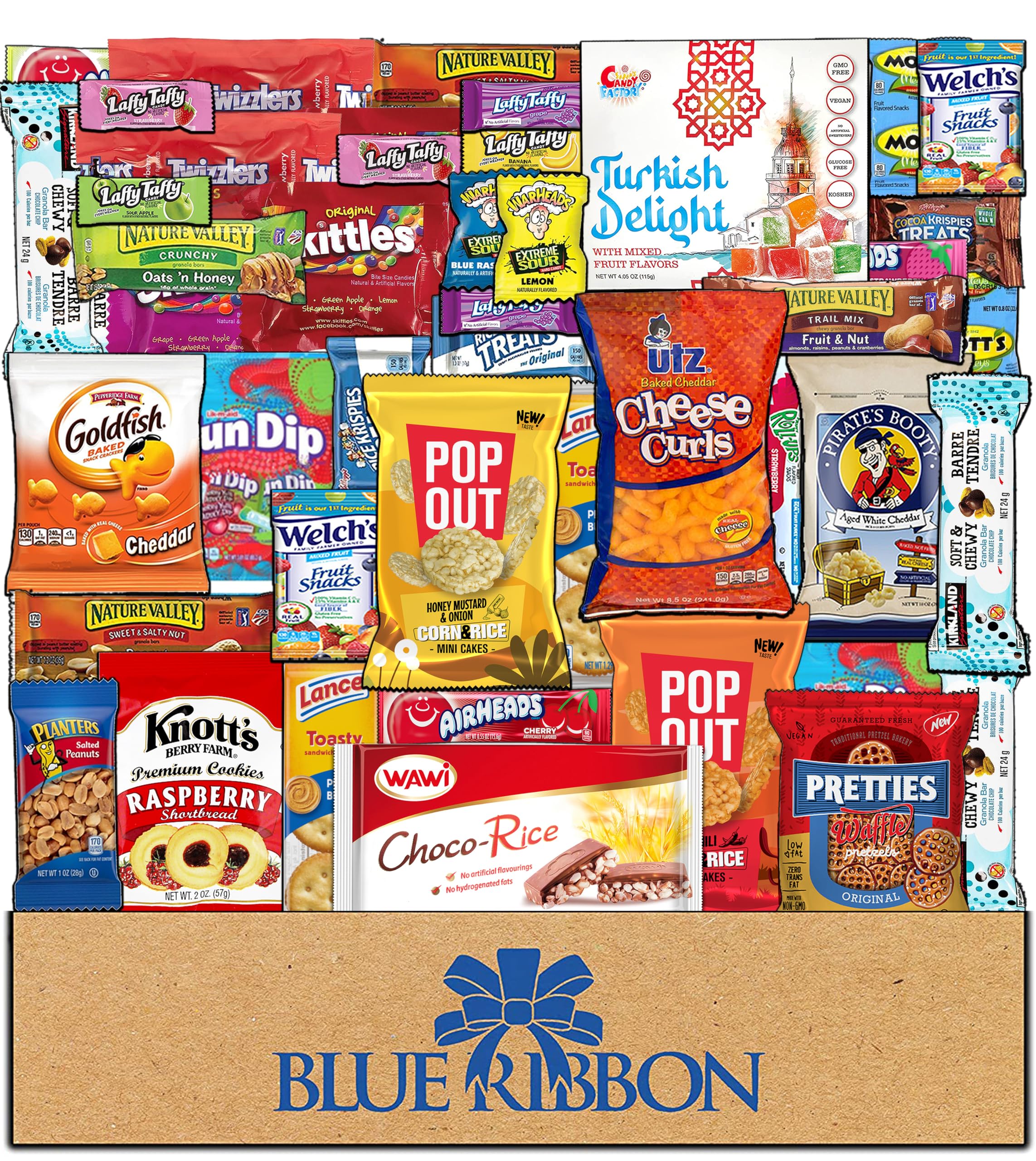 Blue Ribbon Snacks Variety Care Package - 55 Count Bulk Snack Box with Candy, Cookies, Chips & Bars - Perfect for College Students, Office Workers & Gift Baskets - Great for Dorm Rooms, Care Packages & Party Snack Mixes