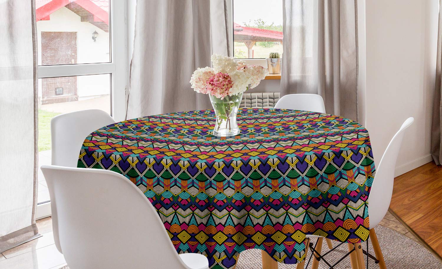 Ambesonne Vintage Geometric Round Tablecloth - 60 Inch Retro 80s Design with Vibrant Colors & Half Circles, Perfect for Dining Room & Kitchen Decor | Ideal for Parties, Holidays & Home Styling