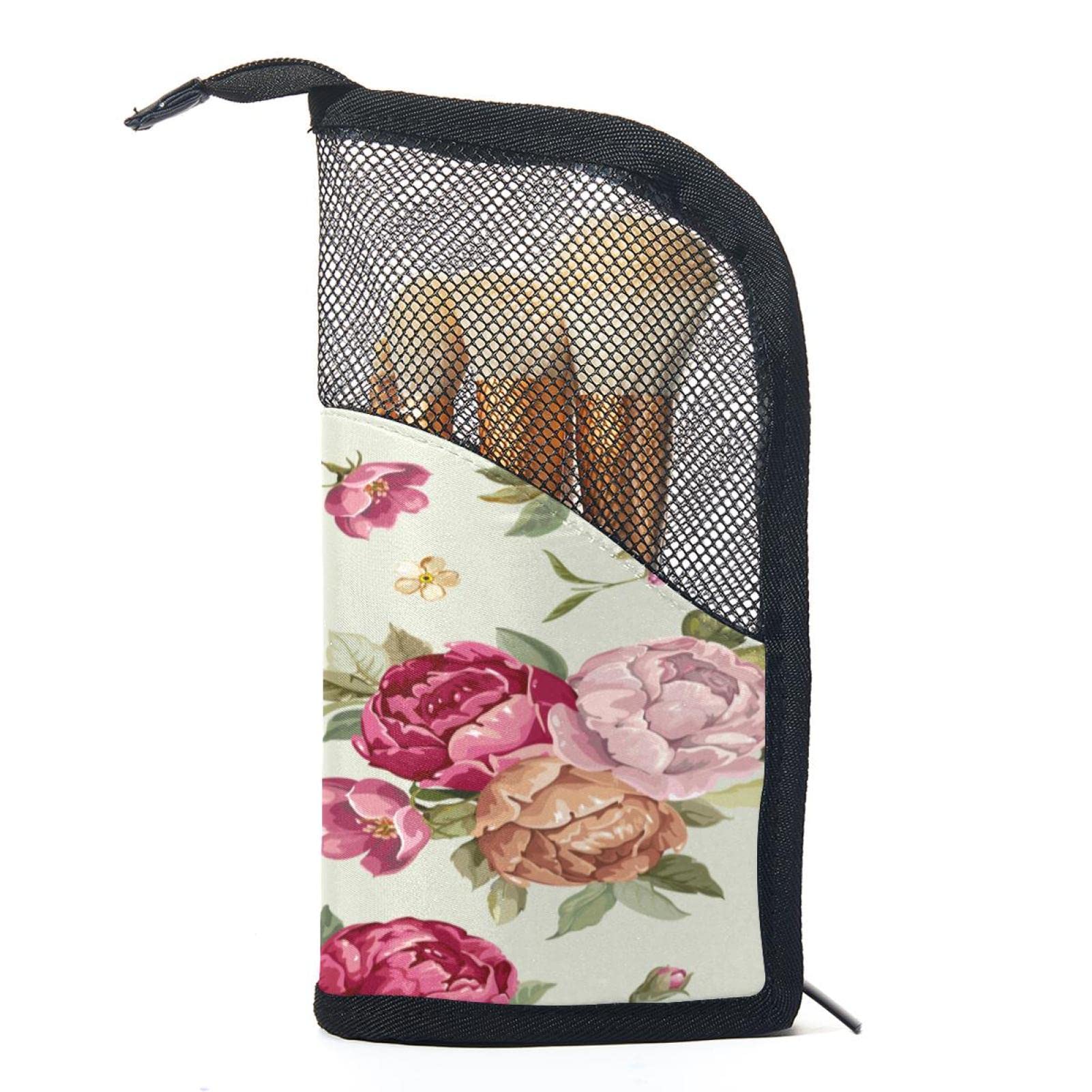 Floral Rose Makeup Brush Organizer Bag with 12 Brushes - Portable Waterproof Cosmetic Brush Holder Case for Travel, Home & Professional Makeup Artists