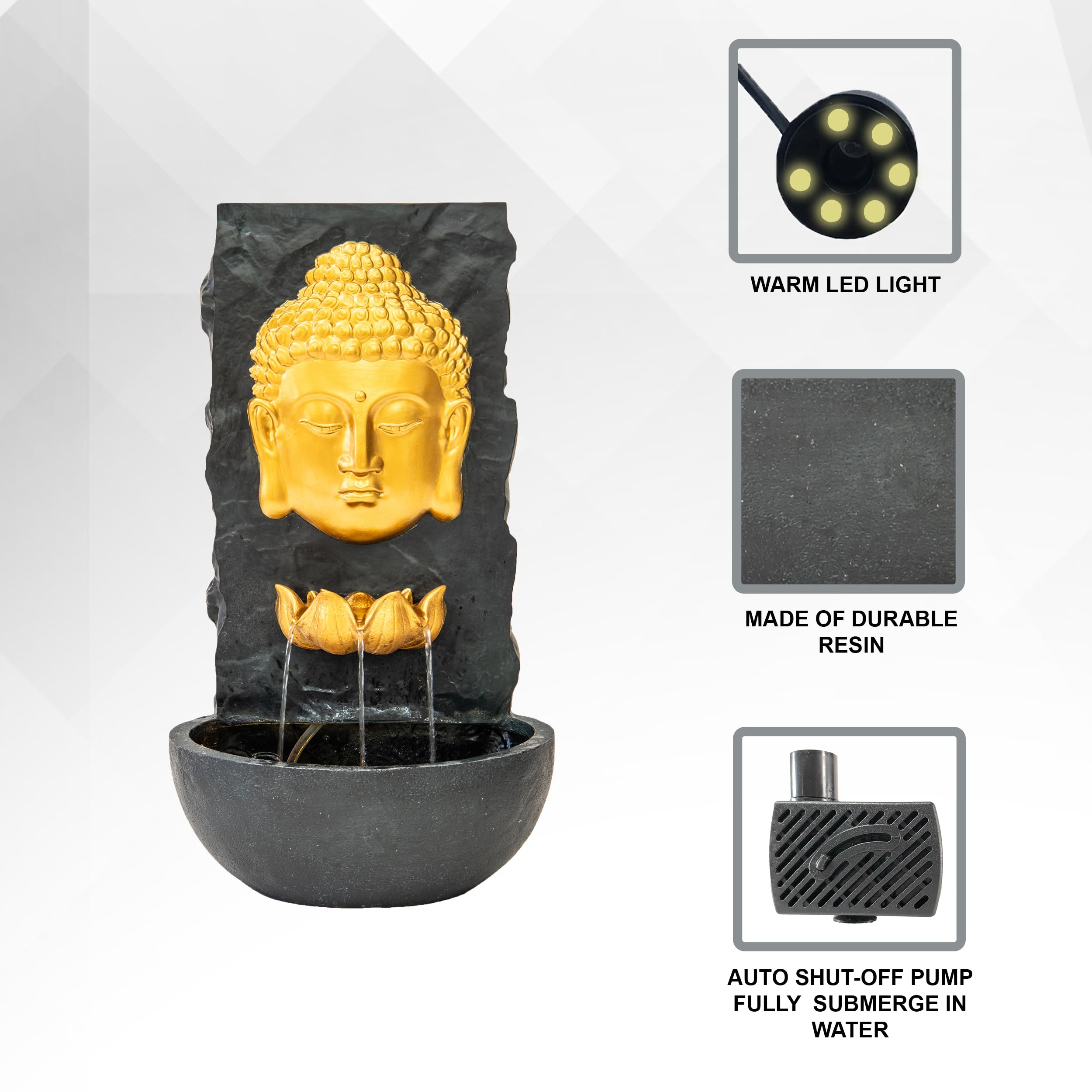 XBrand 30-inch H Fiber Resin Wall Buddha Zen Outdoor Garden Water Fountain with Warm LED Light - Gold Finish | Perfect for Meditation Spaces, Backyard Decor & Asian-Inspired Landscaping