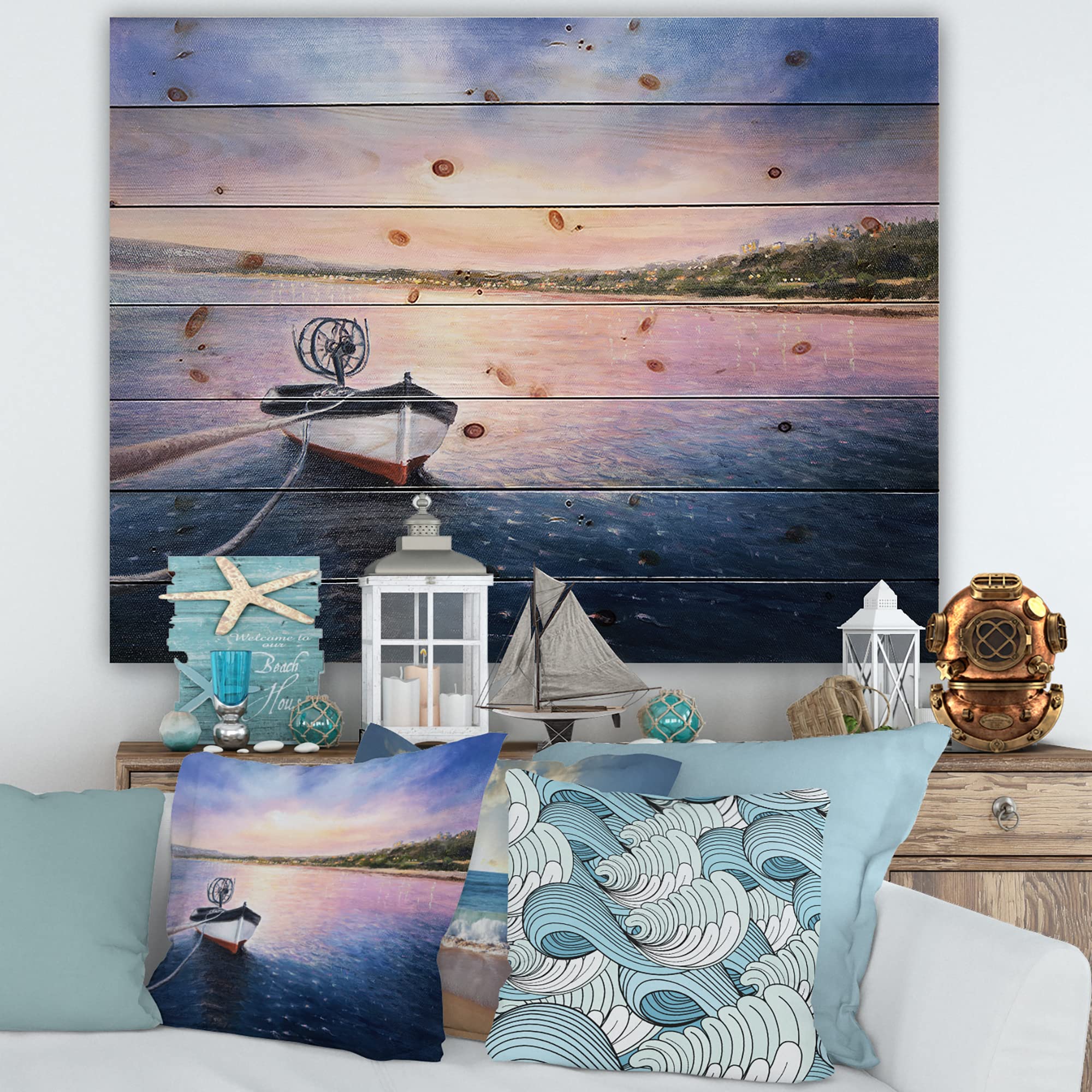 Vibrant Sunset Fishing Boat Wood Wall Art - Pine Wood Decor for Lake House