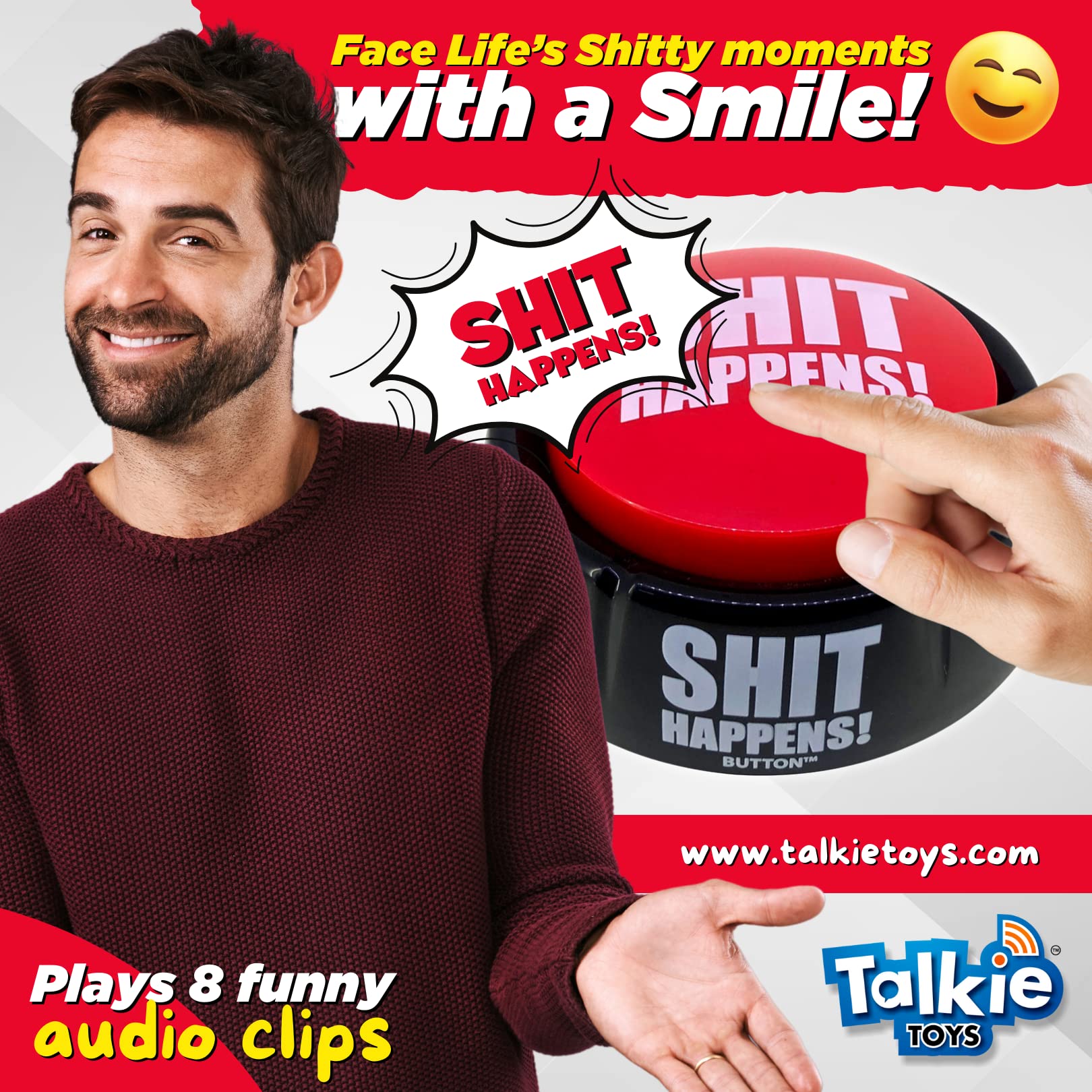 Funny Novelty Button - Shit Happens Talkie Toys for Backpacks, Jackets & Gifts | Humorous Accessories for Everyday Life