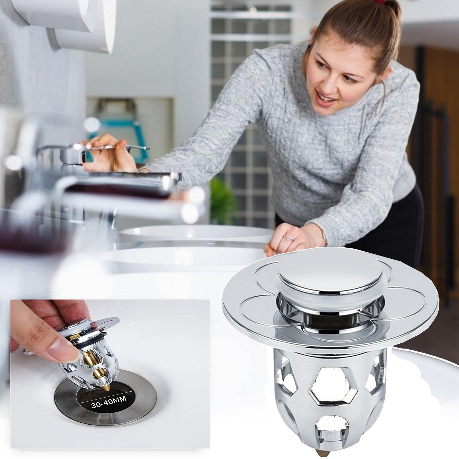 Universal Wash Basin Bounce Drain Filter - Pop Up Bathroom Sink Plug with Electroplated Copper Core - Perfect for Bathroom, Kitchen & Laundry Room Sink Drain Protection