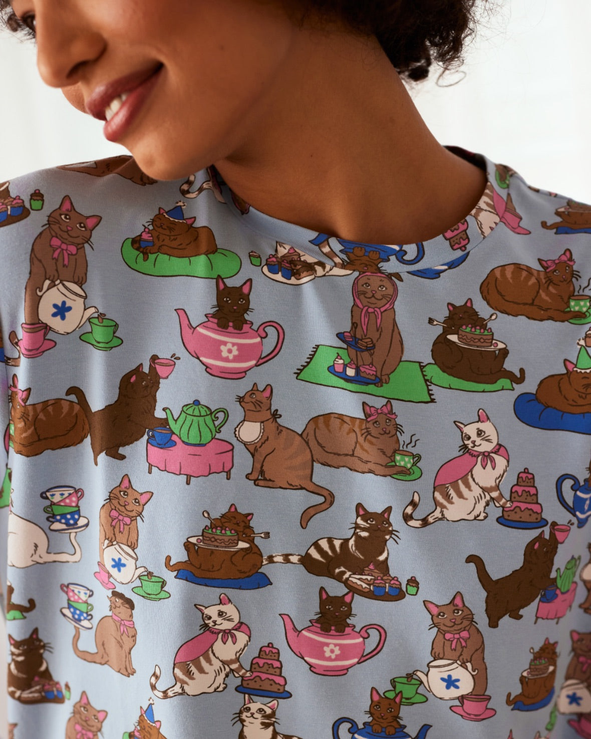 Organic Cotton Cat Tea Party Print Long Pajama Set for Women - Cute & Comfortable Sleepwear for Loungewear, Sleepovers & Cozy Nights at Home
