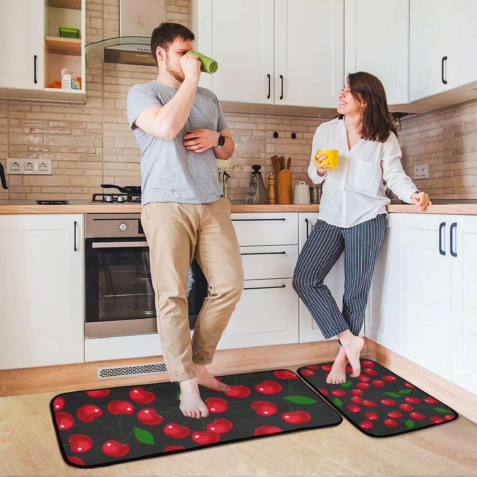 Premium 2-Piece Red Cherry Kitchen Rugs Set - Cushioned Anti-Fatigue Non-Slip Mats, Washable Farmhouse Decor for Indoor & Outdoor Use - Perfect for Kitchens, Entryways, and Laundry Rooms