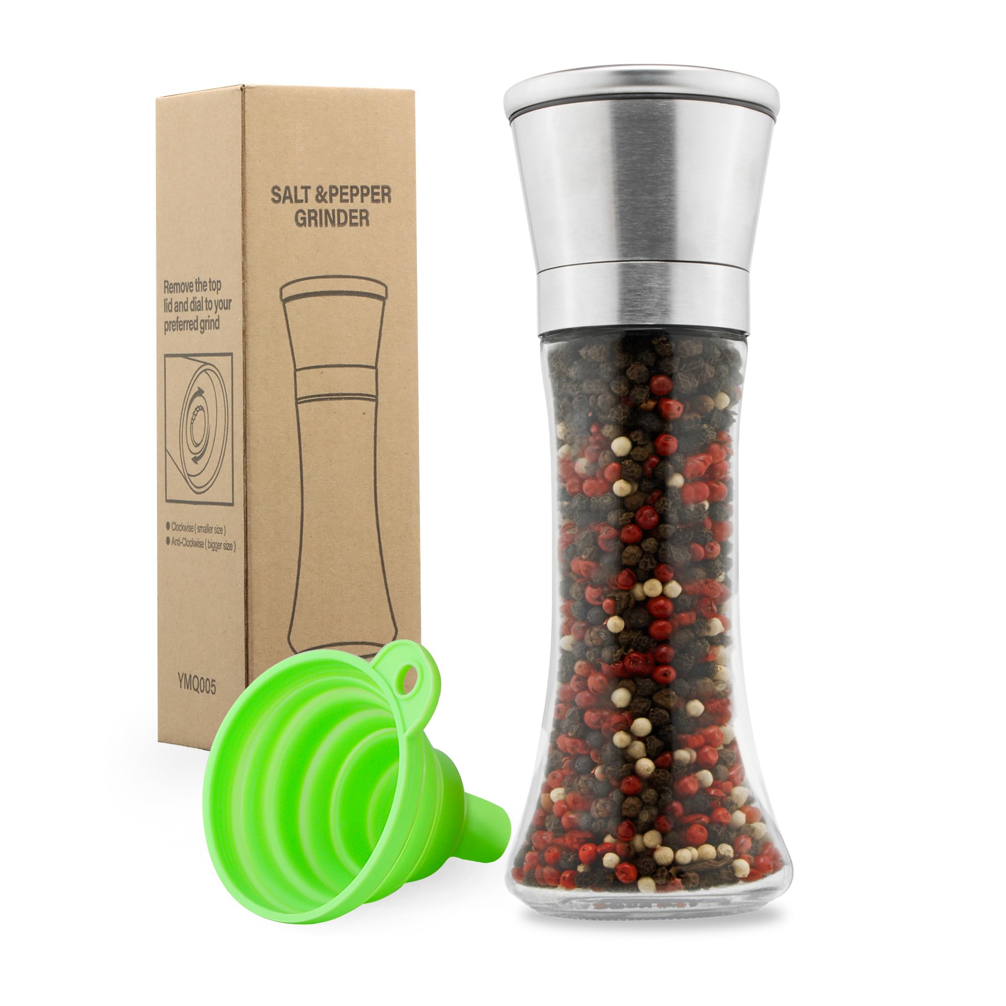 Premium Stainless Steel Salt and Pepper Grinder Set - Adjustable Coarseness, Refillable Glass Body - Elegant Kitchen Essential for Cooking, Baking & Dining - Perfect Gift for Home Chefs (1 Pack)