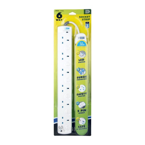 DE 286 LED 6-Way Power Strip with Surge Protector | 3M & 6M Extension Cord | Multi-Outlet for Home, Office & Workshop Use