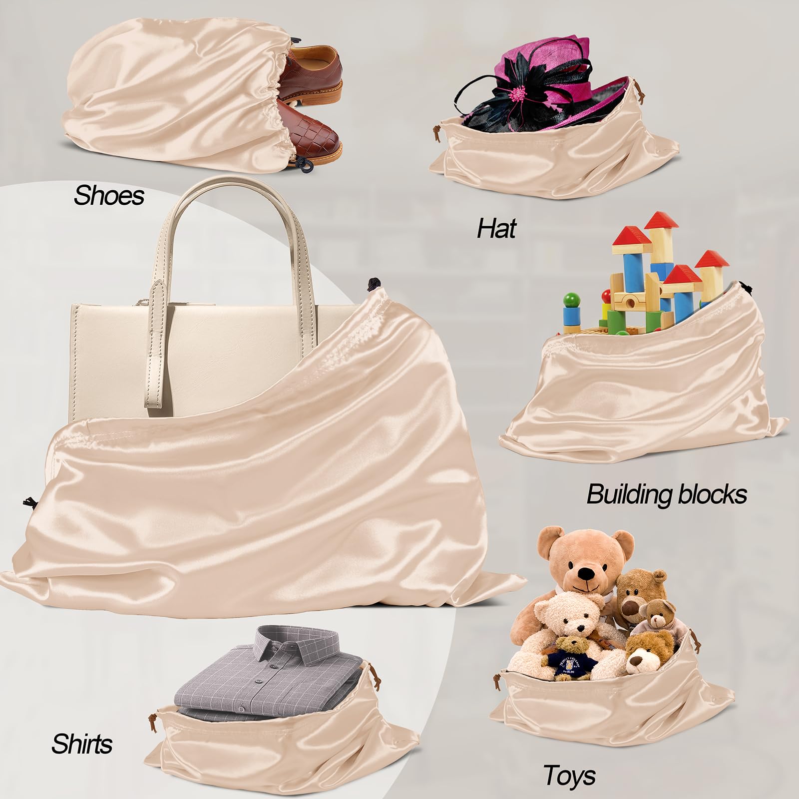 7 Pack Satin Dust Bags for Handbags & Shoes - Premium Silky Beige Drawstring Storage Pouches - Dustproof Protector for Travel, Luxury Handbag & Shoe Storage (19.6
