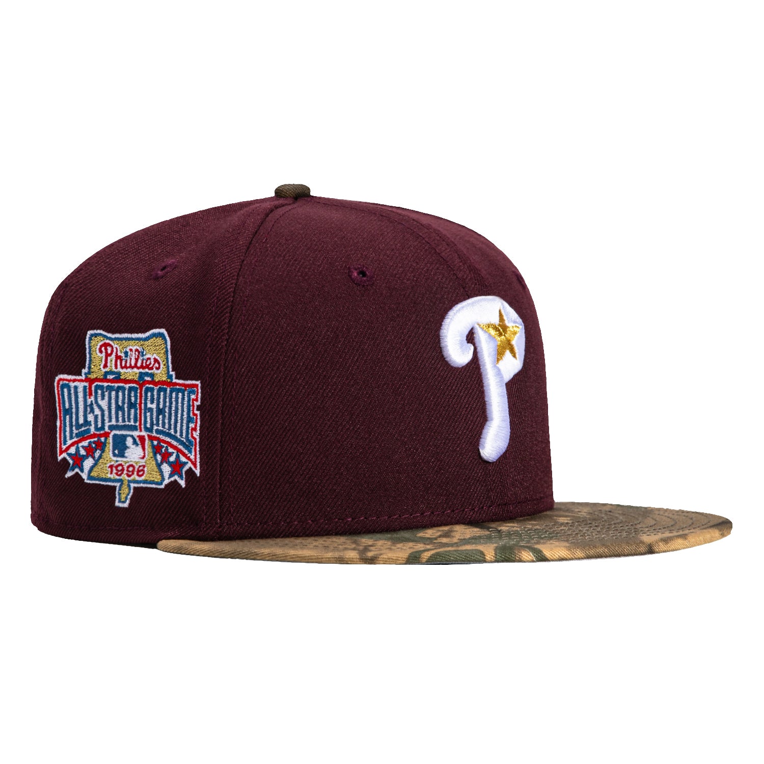 New Era 59Fifty Philadelphia Phillies 1996 All-Star Game Patch Alternate Baseball Cap - Maroon & Camo Design for Sports Fans & Collectors | Perfect for Baseball Games, Fan Events & Streetwear Fashion