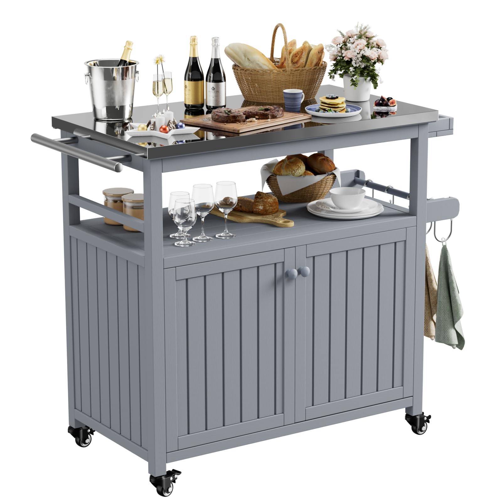 Solid Wood Outdoor Grill Table with Stainless Steel Top - Mobile Kitchen Island Prep Station & BBQ Bar Cart with Storage - Perfect for Garden Parties, Patio, Backyard & Camping (Grey)