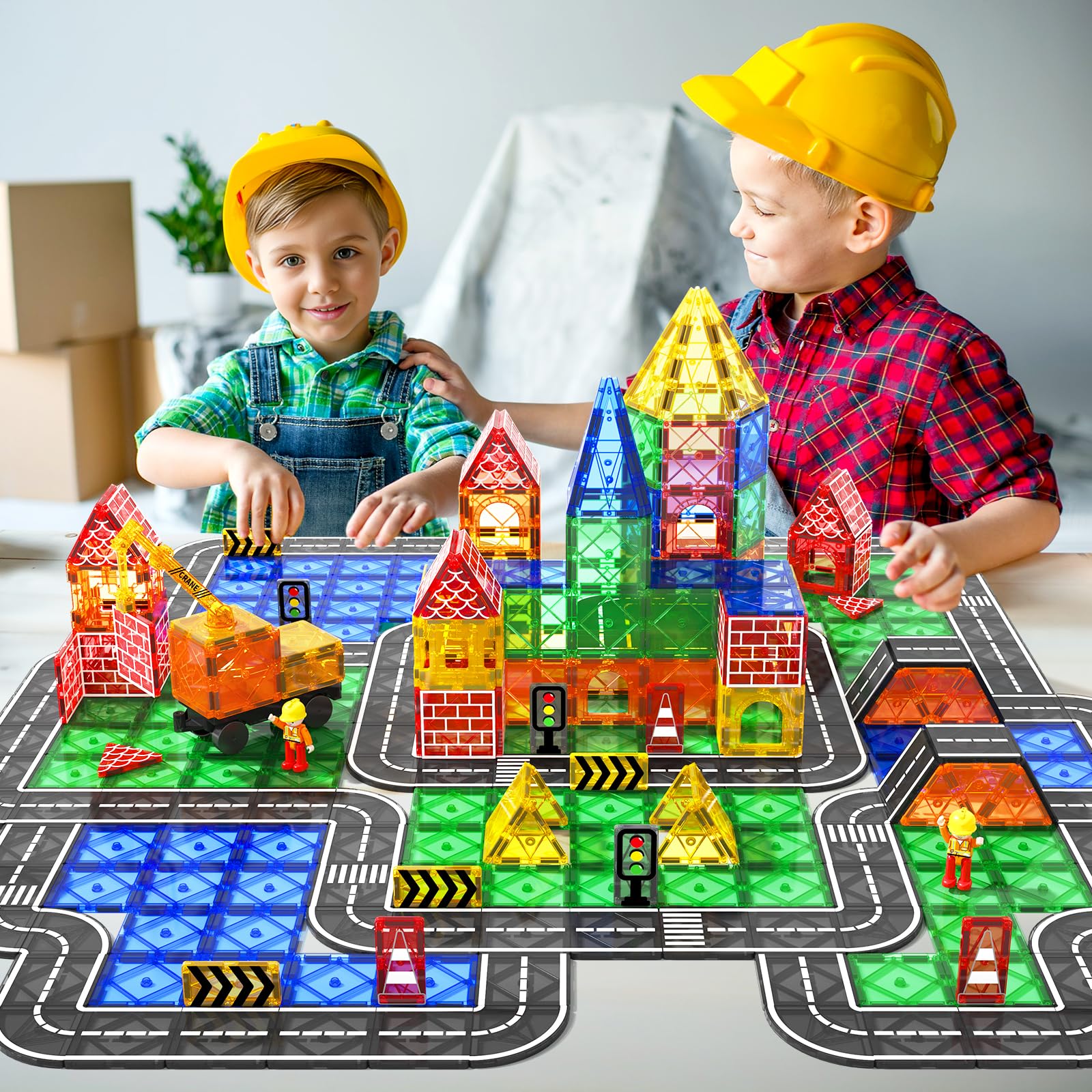 Magnetic Building Blocks Set with Road Tiles & Crane Car - STEM Construction Toys for Kids Ages 3-8, Creative Educational Toys for Toddlers - Perfect Gift for 3+ Year Old Boys & Girls - Great for Classroom, Playroom & Birthday Parties