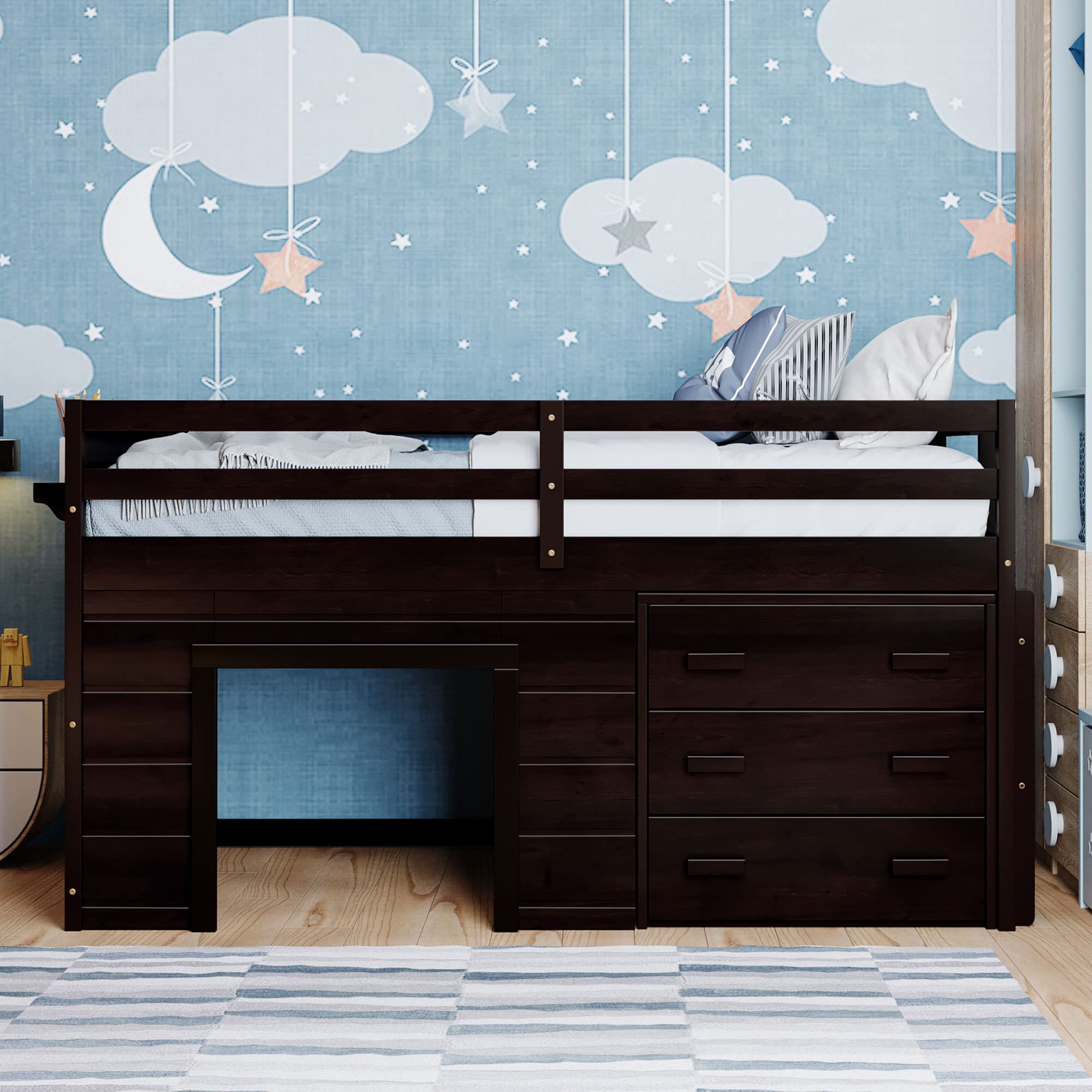 Harper & Bright Designs Wooden Twin Loft Bed with Storage Drawers, Cabinet & Bedside Tray - Kids Low Loft Bed for Boys & Girls (Twin, Espresso) - Perfect for Small Bedrooms, Dorm Rooms & Space-Saving Kids' Rooms