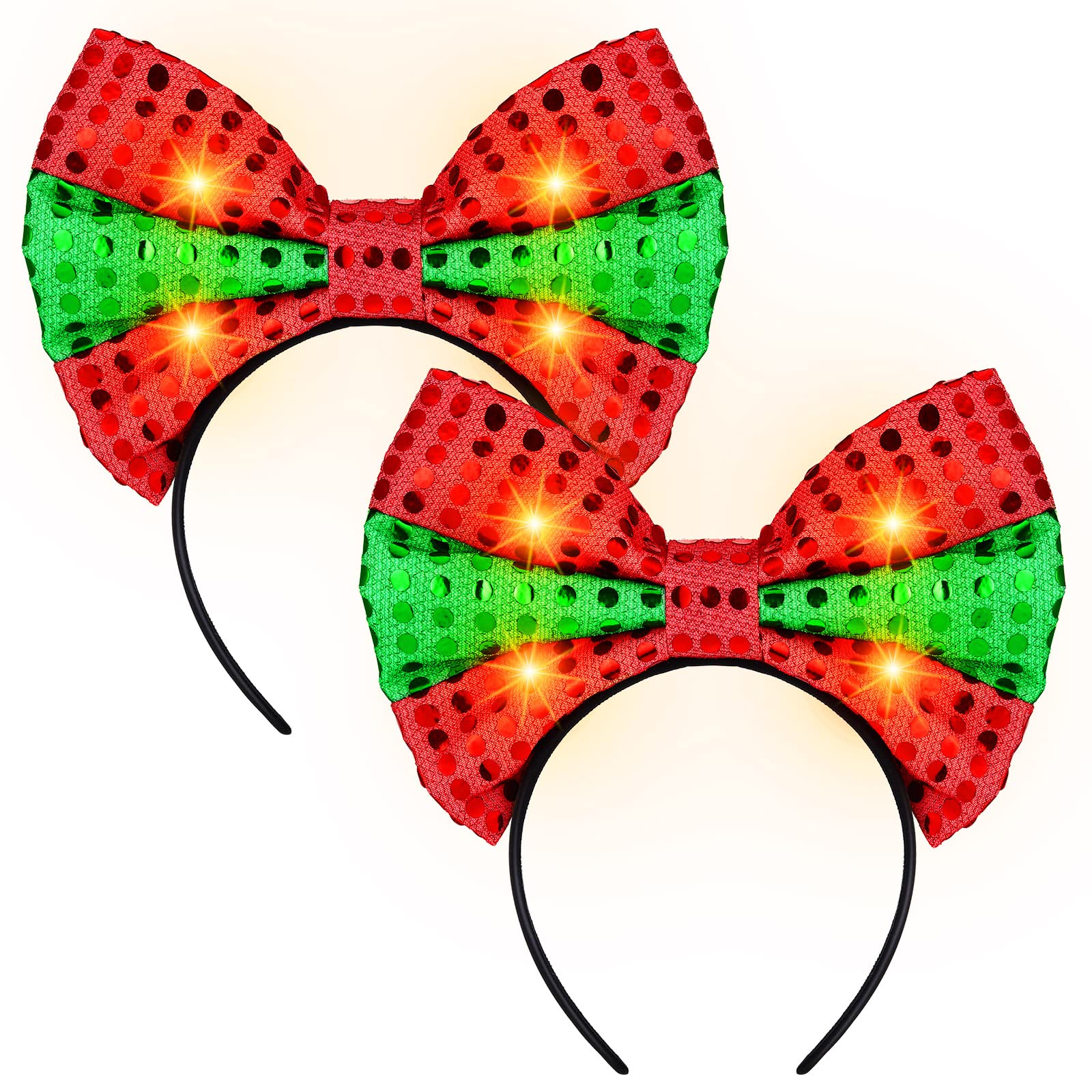 2 Pack LED Christmas Bow Headbands - Glow in The Dark Sequin Hair Accessories for Xmas Party (Red & Green) | Fun Holiday Photo Booth Props, Gifts for Adults & Kids | Perfect for Christmas Celebrations, Festive Gatherings & Family Photos