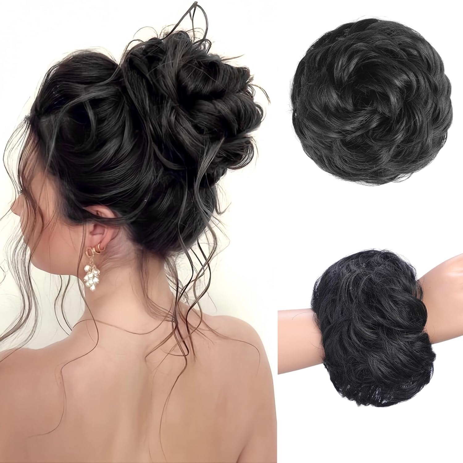 1PCS Deluxe Matte Messy Bun Hair Piece - Wavy Curly Elastic Scrunchies for Women | Hair Bun Donut Ponytail Extensions (Black) - Perfect for Everyday Wear, Parties & Special Occasions