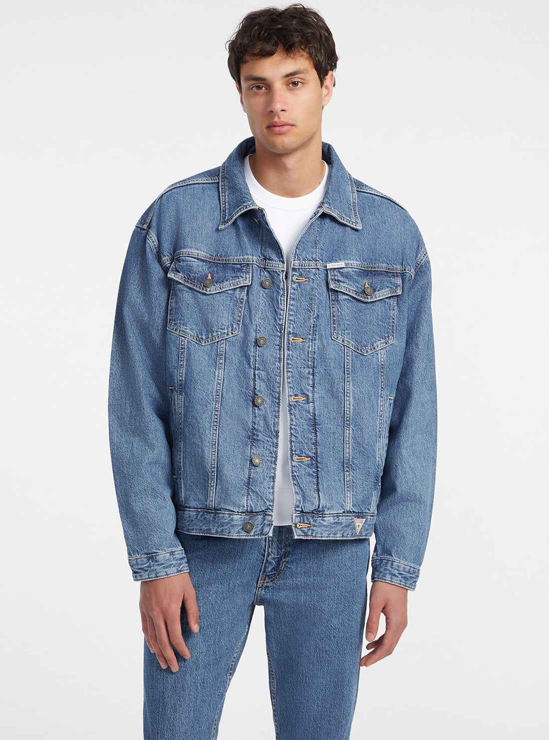 Guess Blue Oversized Denim Trucker Jacket for Women - Vintage Distressed Style, Comfortable & Stylish - Perfect for Casual Outfits, Streetwear & Layering