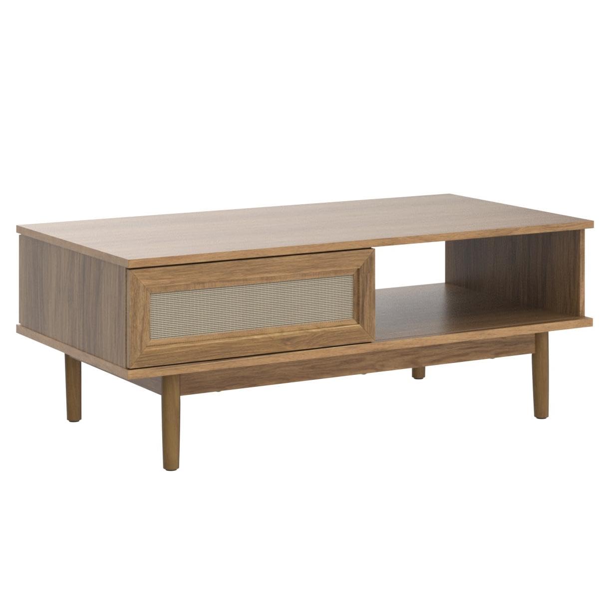 Haylee Coffee Table - Modern Boho Farmhouse Style Natural Rattan Living Room Table with Storage Shelf, Small Center Table for Living Room, Bedroom, or Office (Oak Finish) - Perfect for Coffee, Books, and Decor Display