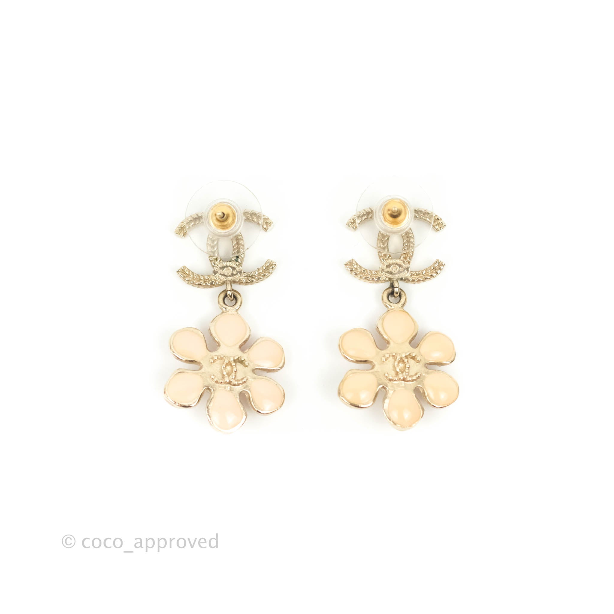 Chanel CC Pearl Flower Drop Earrings - 18K Gold Tone Luxury Jewelry for Women | Perfect for Weddings, Parties & Special Occasions