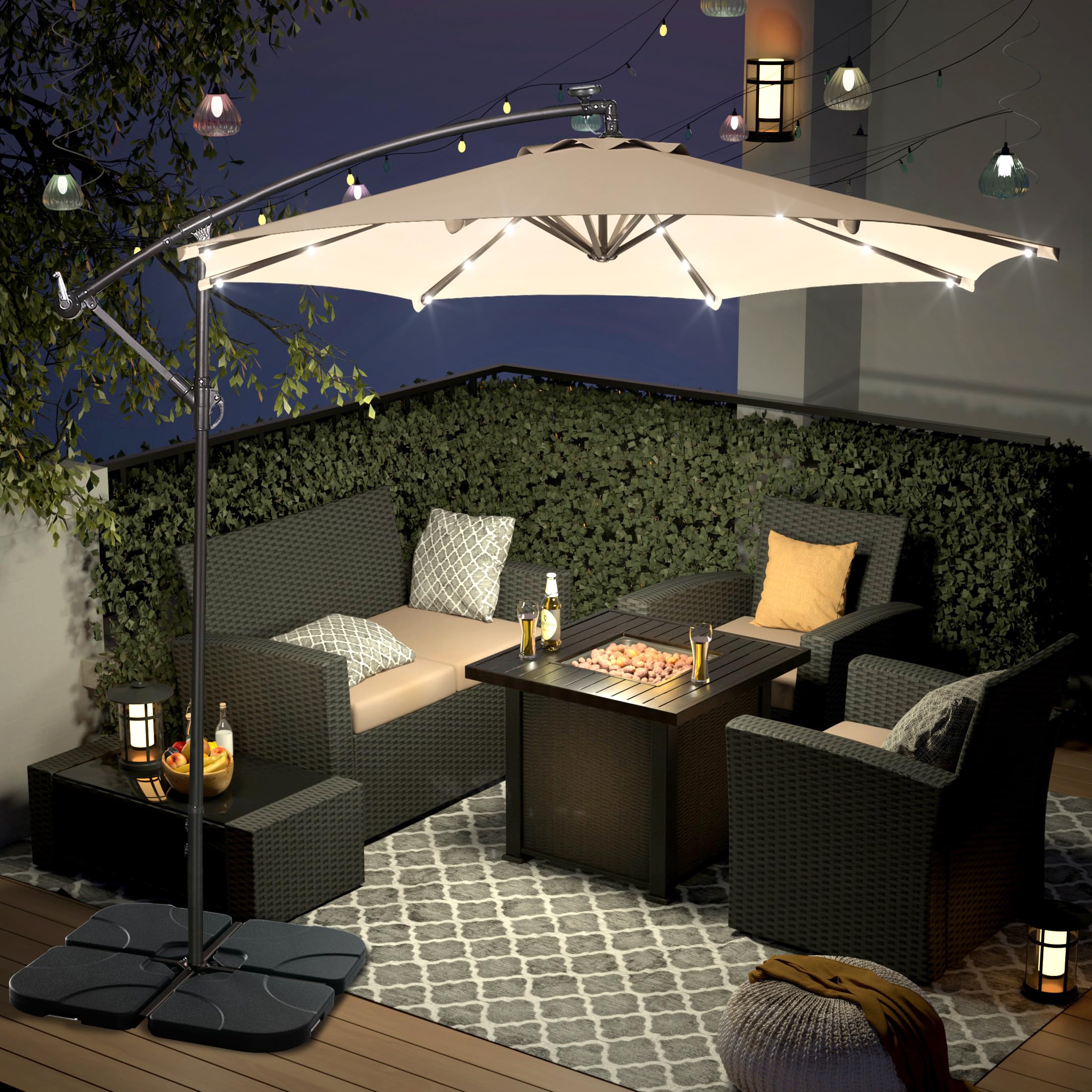 WO Home Furniture 10ft Cantilever Patio LED Umbrella Set - 3 Piece Outdoor Umbrella with Stand & Weighted Base (Beige) - Perfect for Poolside, Backyard, and Garden Relaxation