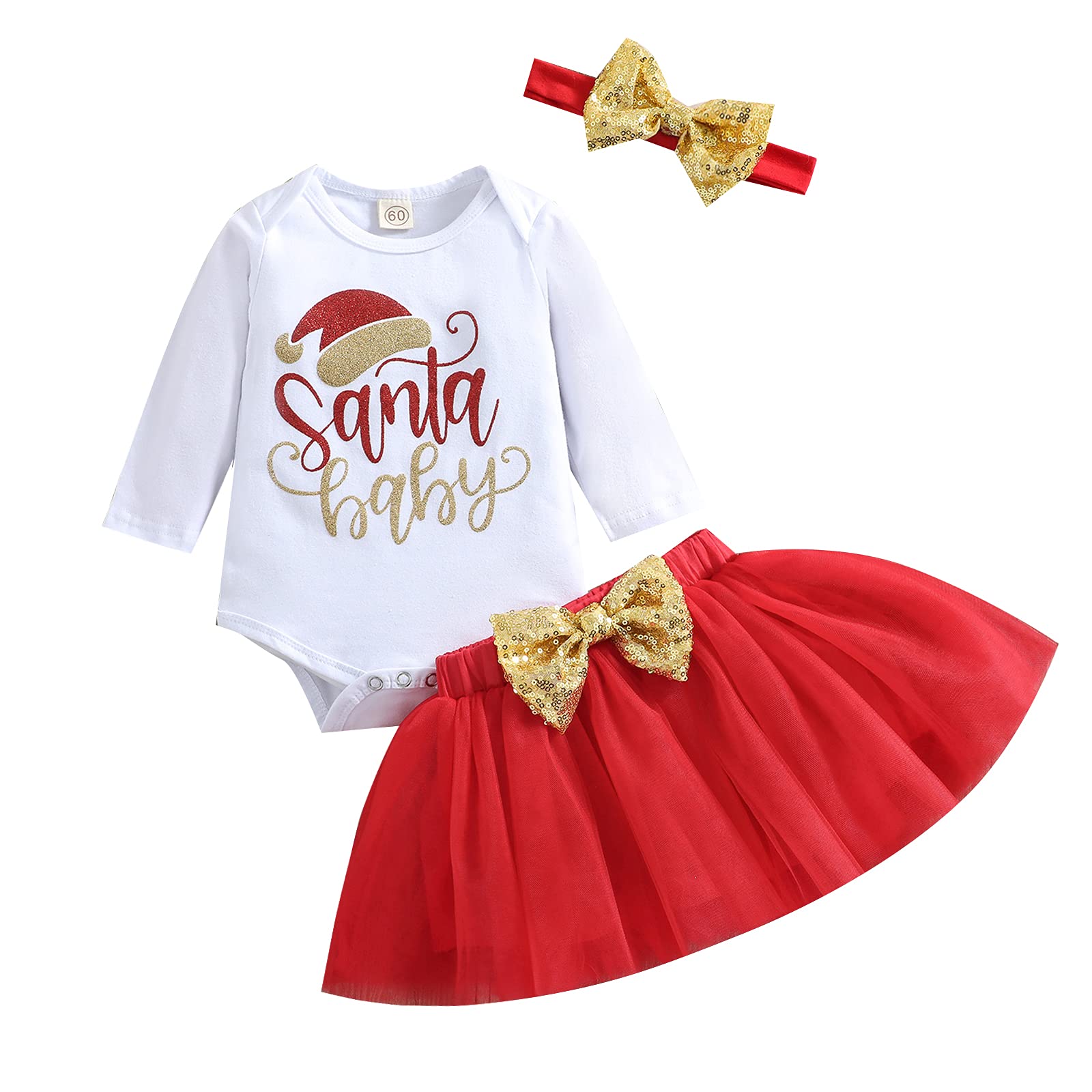 Adorable Newborn Baby Girl 1st Christmas Outfit - Long Sleeve Bodysuit & Knit Skirt Set with Matching Headband - Perfect for Holiday Photos & Family Gatherings