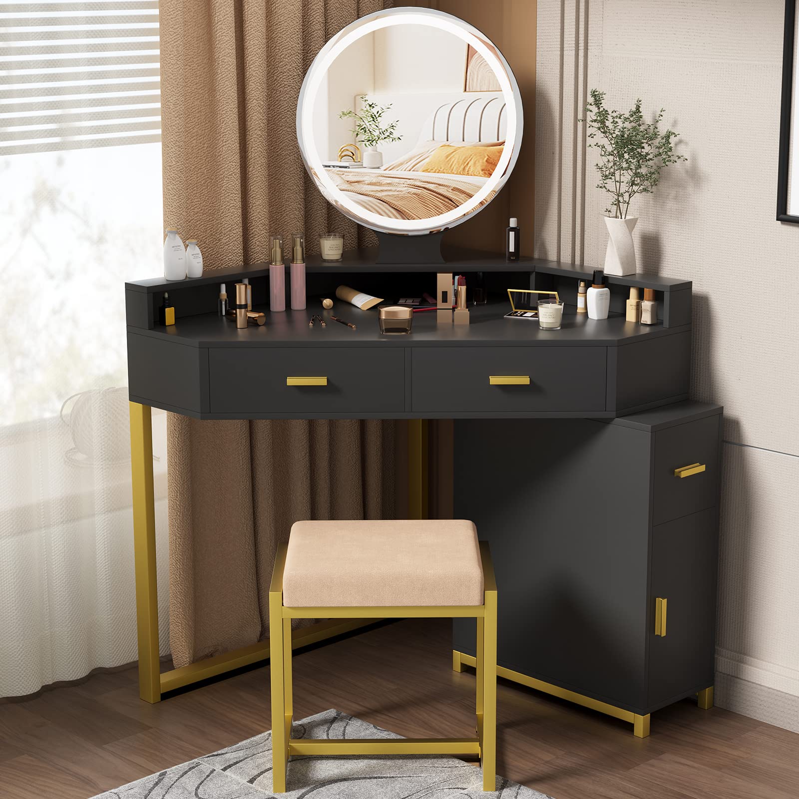 PAKASEPT Black Corner Vanity Set with LED Lighted Mirror, Makeup Dressing Table with Drawers & Storage Cabinet - Includes Cushioned Stool for Girls & Women - Perfect for Bedroom, Bathroom & Home Decor