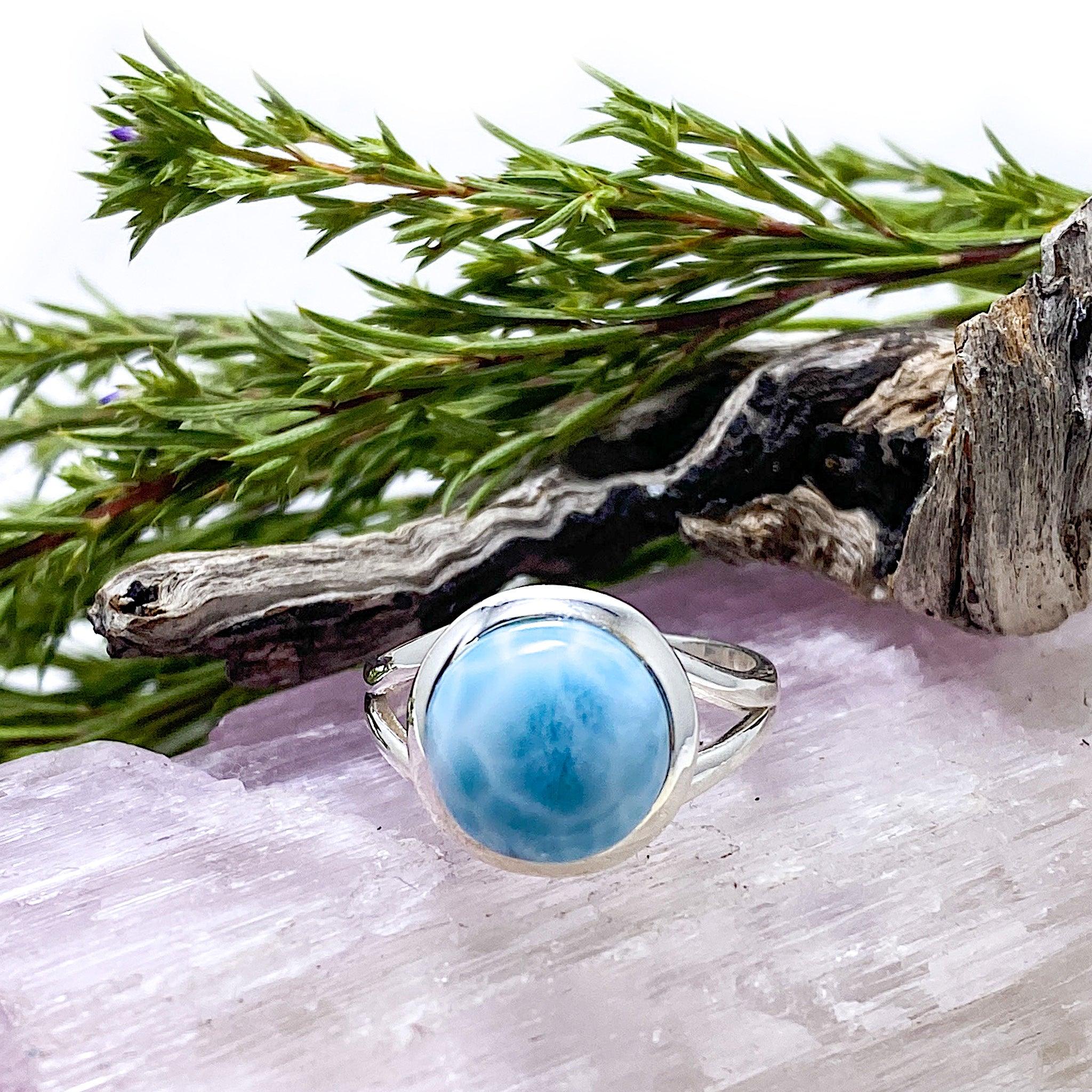 Larimar Round Ring Size 8 - Genuine Blue Stone Jewelry for Women, Handmade Sterling Silver Band - Perfect for Gifts, Weddings & Everyday Wear