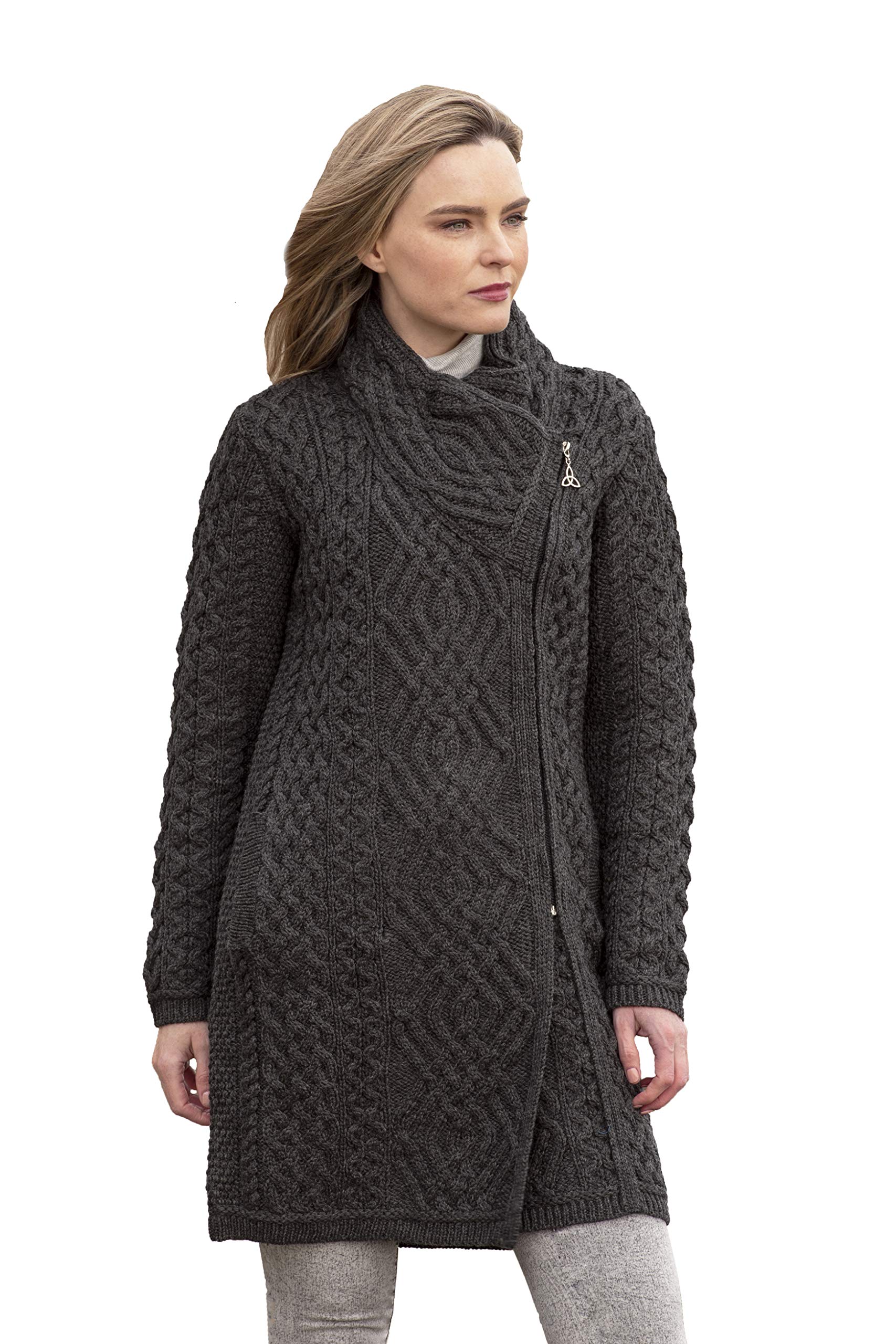 Aran Crafts Women's Irish Soft Cable Knit Side Zip Coat - 100% Merino Wool Winter Jacket for Women | Warm & Stylish Outerwear for Cold Weather, Travel & Outdoor Activities