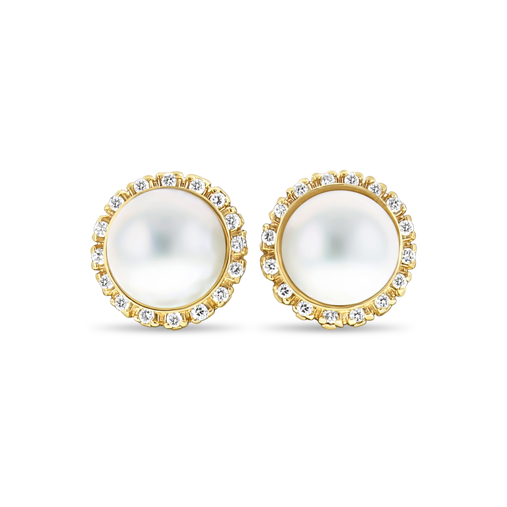 14K Yellow Gold Mabe Pearl and Diamond Halo Earrings 0.75cttw - Elegant Jewelry for Weddings, Parties & Special Occasions