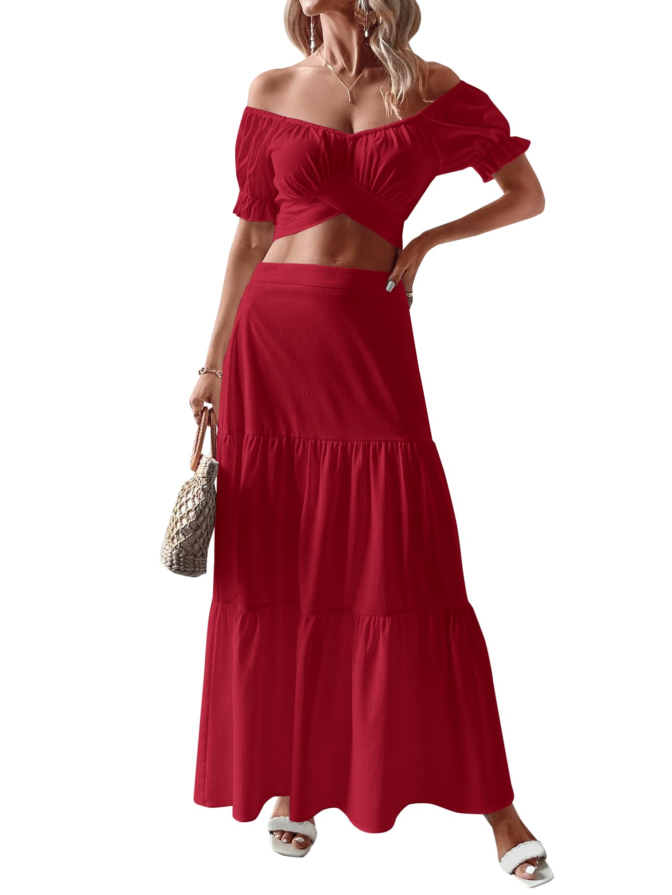 KIFOVEN Women's 2-Piece Summer Outfit Set - Off Shoulder Short Sleeve Wrap Tie Crop Top & Ruffle Maxi Skirt | Beachwear, Vacation, Date Night, Casual Wear