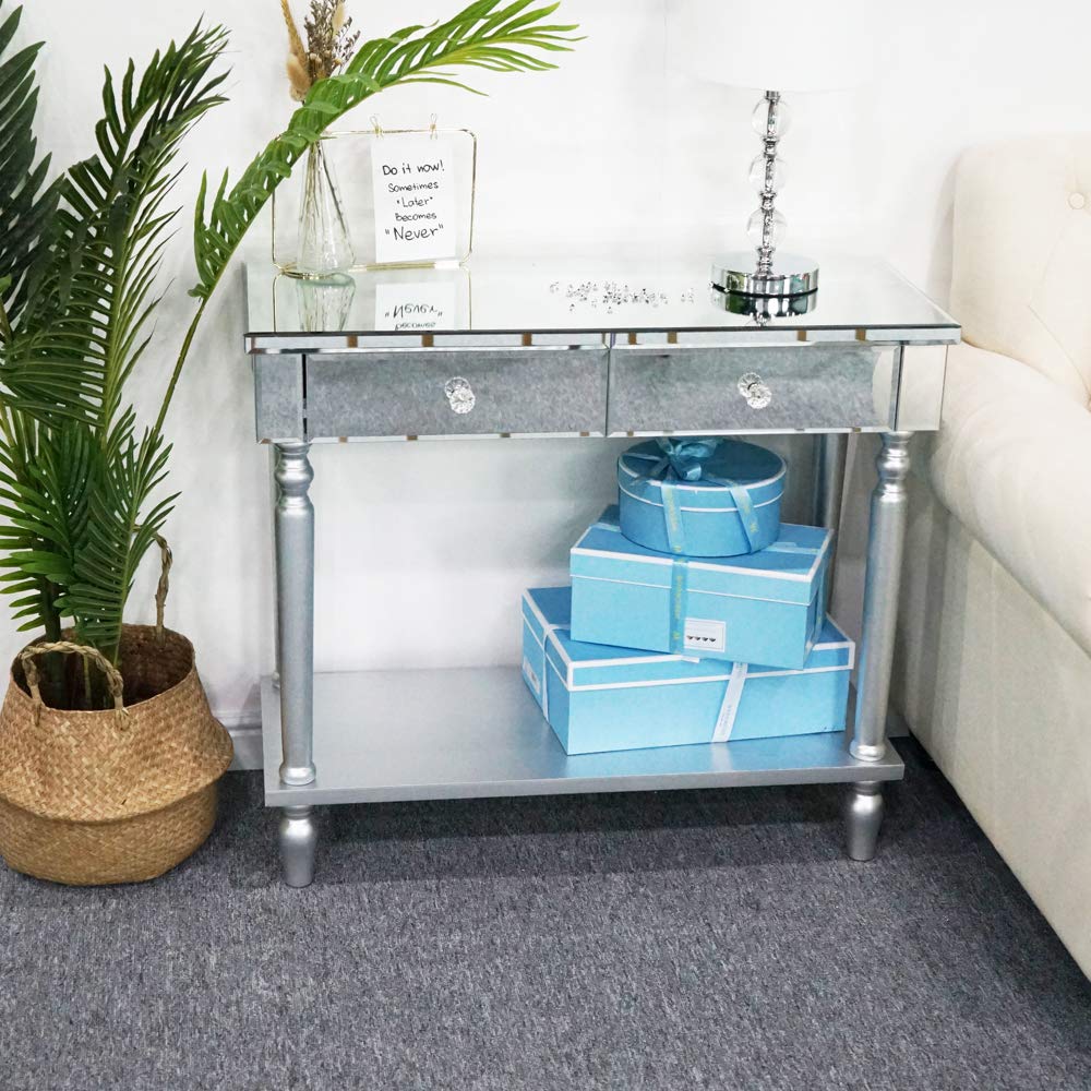 Modern Mirrored Vanity Table with Drawers - Contemporary Dressing Desk for Makeup & Jewelry Organization - Elegant Entryway Console, Bedside Nightstand or Home Office Desk - Perfect for Bedroom, Bathroom & Living Room Decor