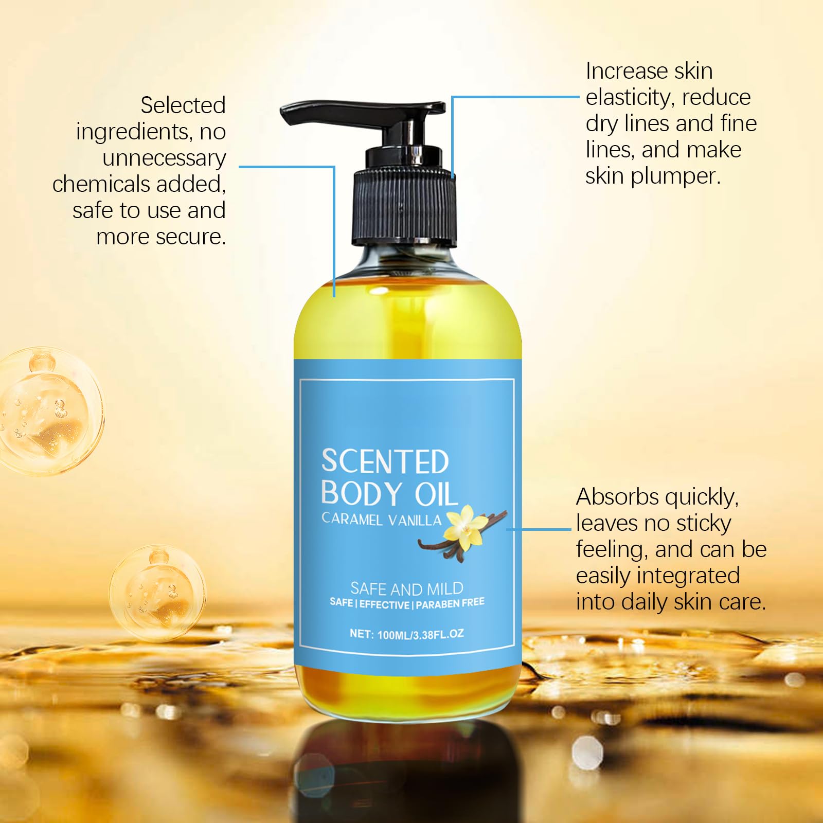 Caramel Vanilla Scented Body Oil - 120ml Natural Moisturizing Massage Oil for Women, Handmade Perfume Body Essence | Perfect for Aromatherapy, Relaxation & Skin Hydration