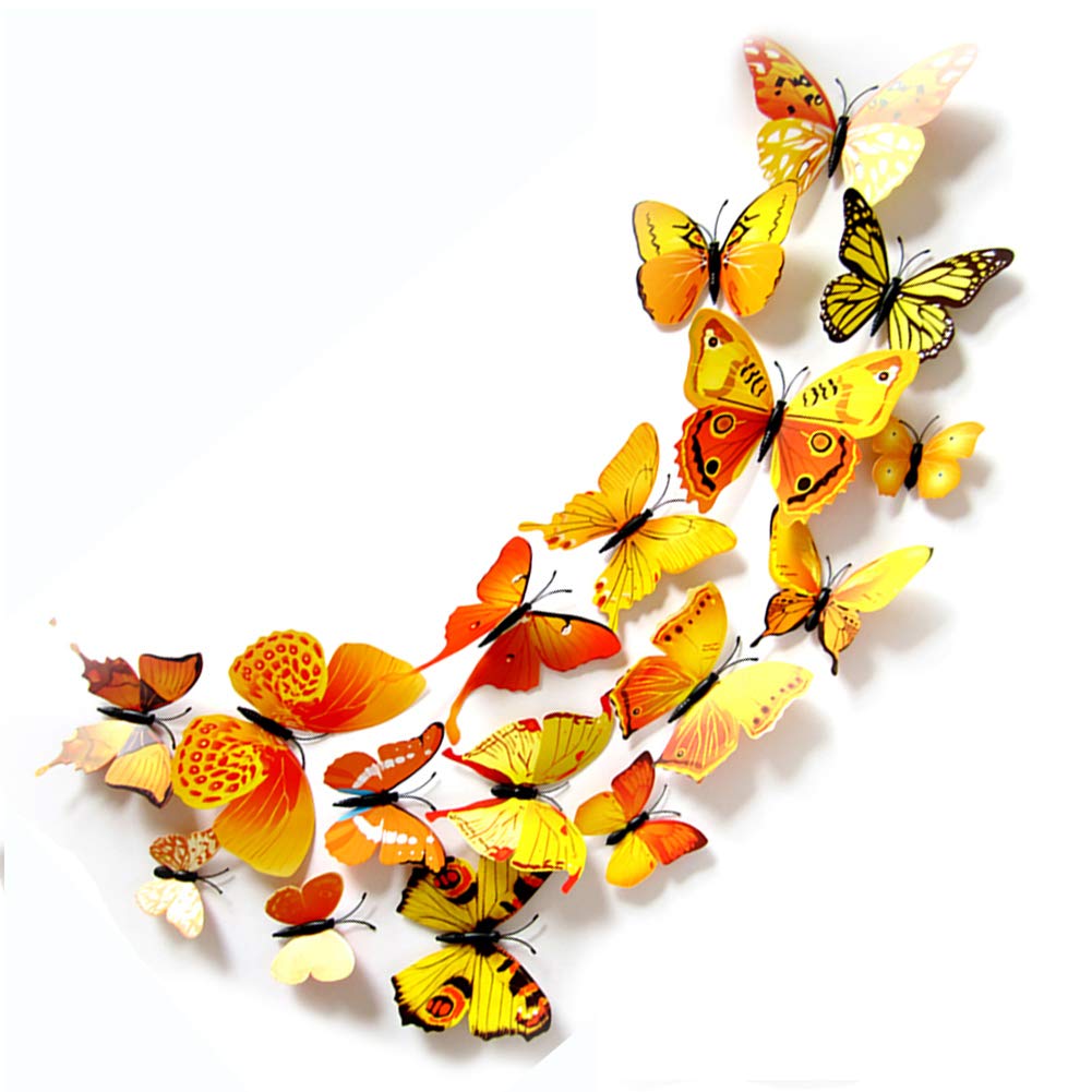 24PCS 3D Butterfly Wall Decals - Removable Refrigerator Magnets & Stickers for Kids Room Decor - Home & Bedroom Art Mural in Yellow - Perfect for Nursery, Playroom and DIY Wall Decoration