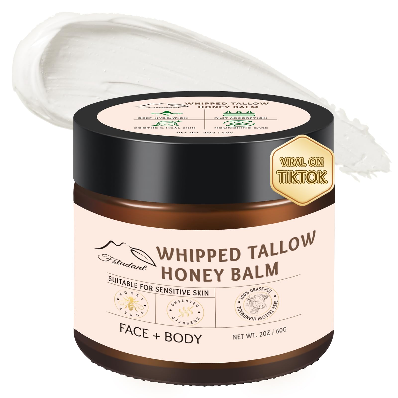 Organic Grass-Fed Beef Tallow & Honey Balm - 100% Natural Face & Body Moisturizer for Dry Skin, Unscented 2oz - Perfect for Daily Skincare Routine, Eczema Relief & Nighttime Hydration