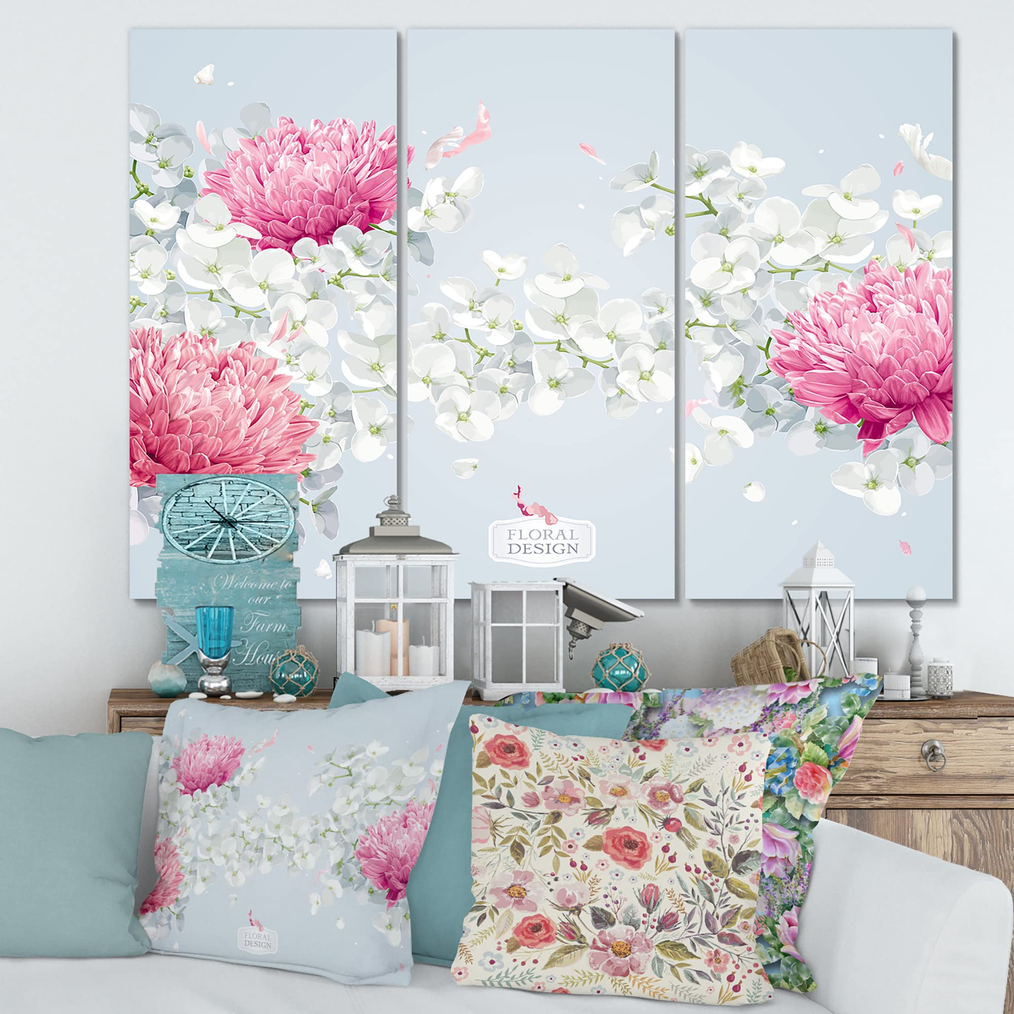 DesignQ Chrysanthemums and Apple Blossom Traditional Canvas Wall Art - Floral Home Decor for Living Room, Bedroom & Office - Ready to Hang