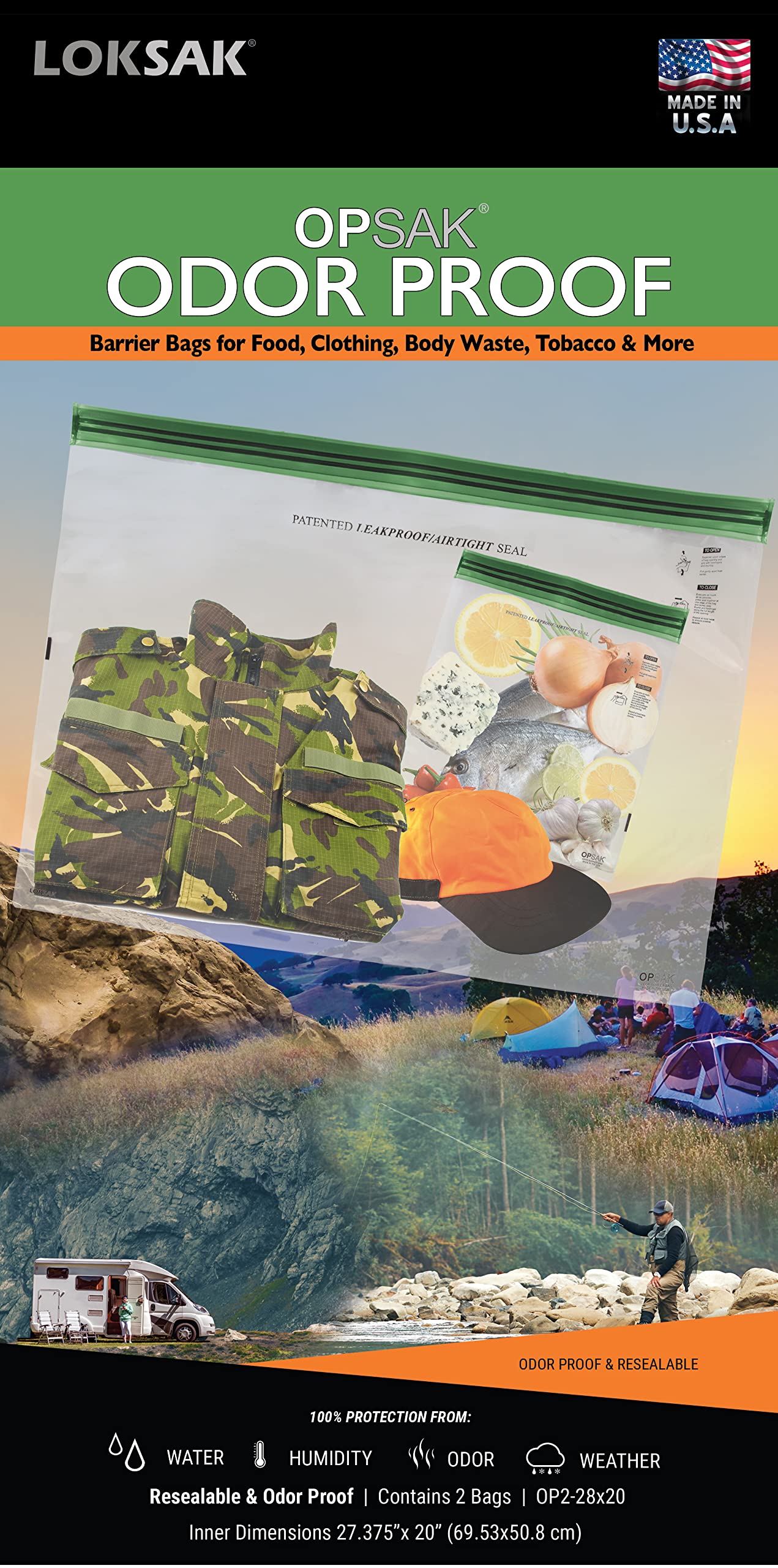 LOKSAK OPSAK Odorproof Dry Bags for Backpacking, Hiking, Camping & Storage - Waterproof, Resealable, Reusable & Recyclable Storage Bags (2-Pack, 28