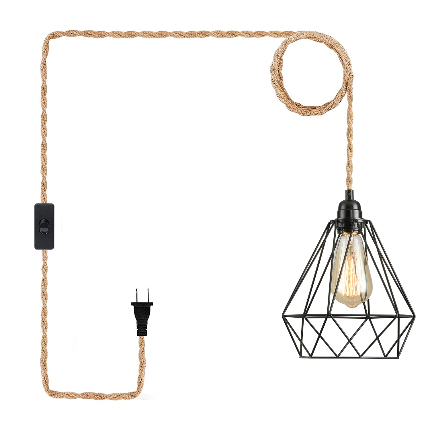 Farmhouse Plug-in Pendant Light with Hemp Rope - 15 Ft Hanging Lamp Kit with Switch & Industrial Diamond Metal Cage - Rustic Lighting for Bedroom, Living Room, Kitchen Island & Dining Room Decor