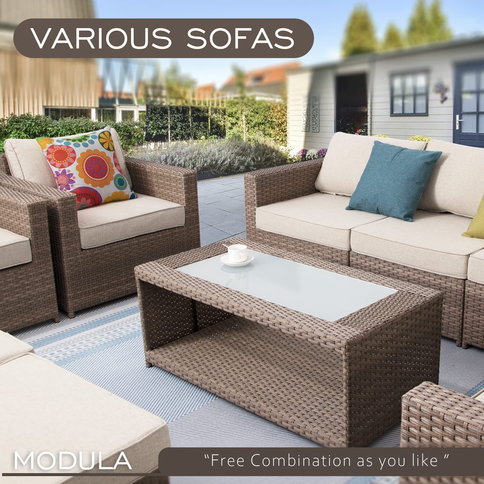 DIMAR GARDEN Outdoor Coffee Table - Wicker Rattan Patio Side Table with Storage & Tempered Glass Top - Modern Luxury Furniture for Garden, Balcony, Poolside - Light Brown