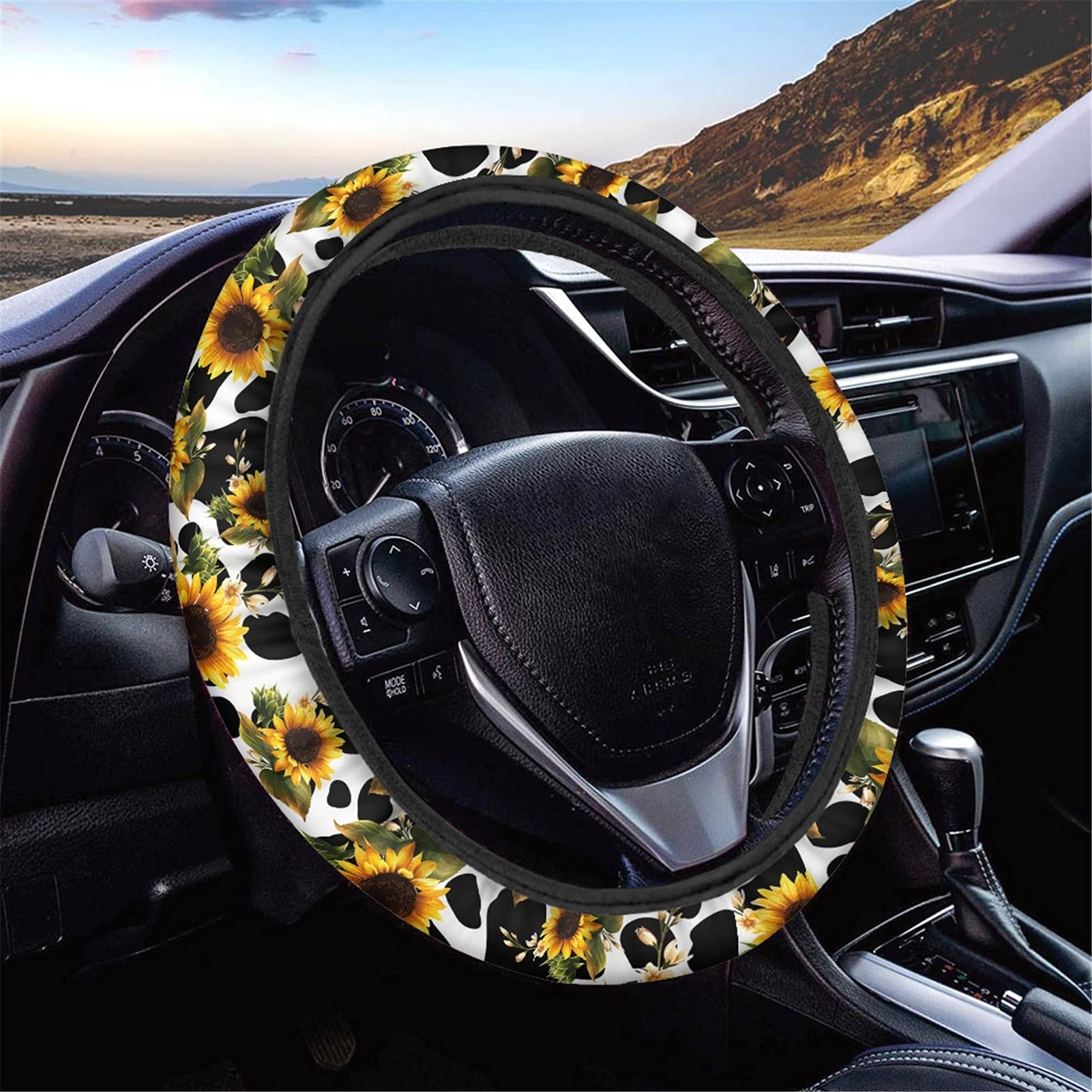 JEOCODY Sunflower Cow Print Car Steering Wheel Cover - Universal Fit for Most Vehicles - Soft & Non-Slip Grip for Women & Girls - Perfect for Summer Driving & Road Trips