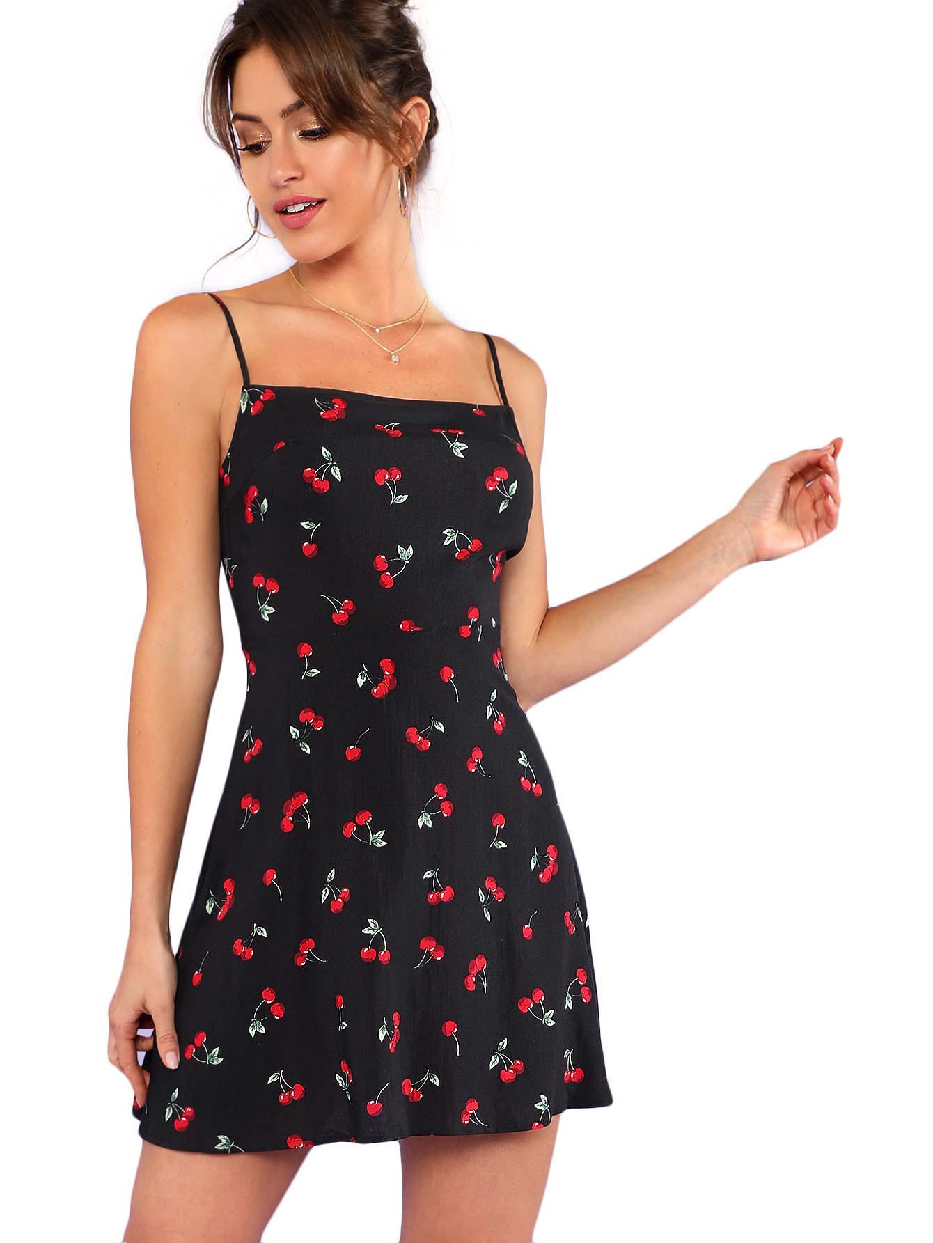 Floerns Women's Summer Floral Cherry Print A-Line Short Cami Dress - Casual Beachwear, Vacation Outfit, and Summer Party Dress
